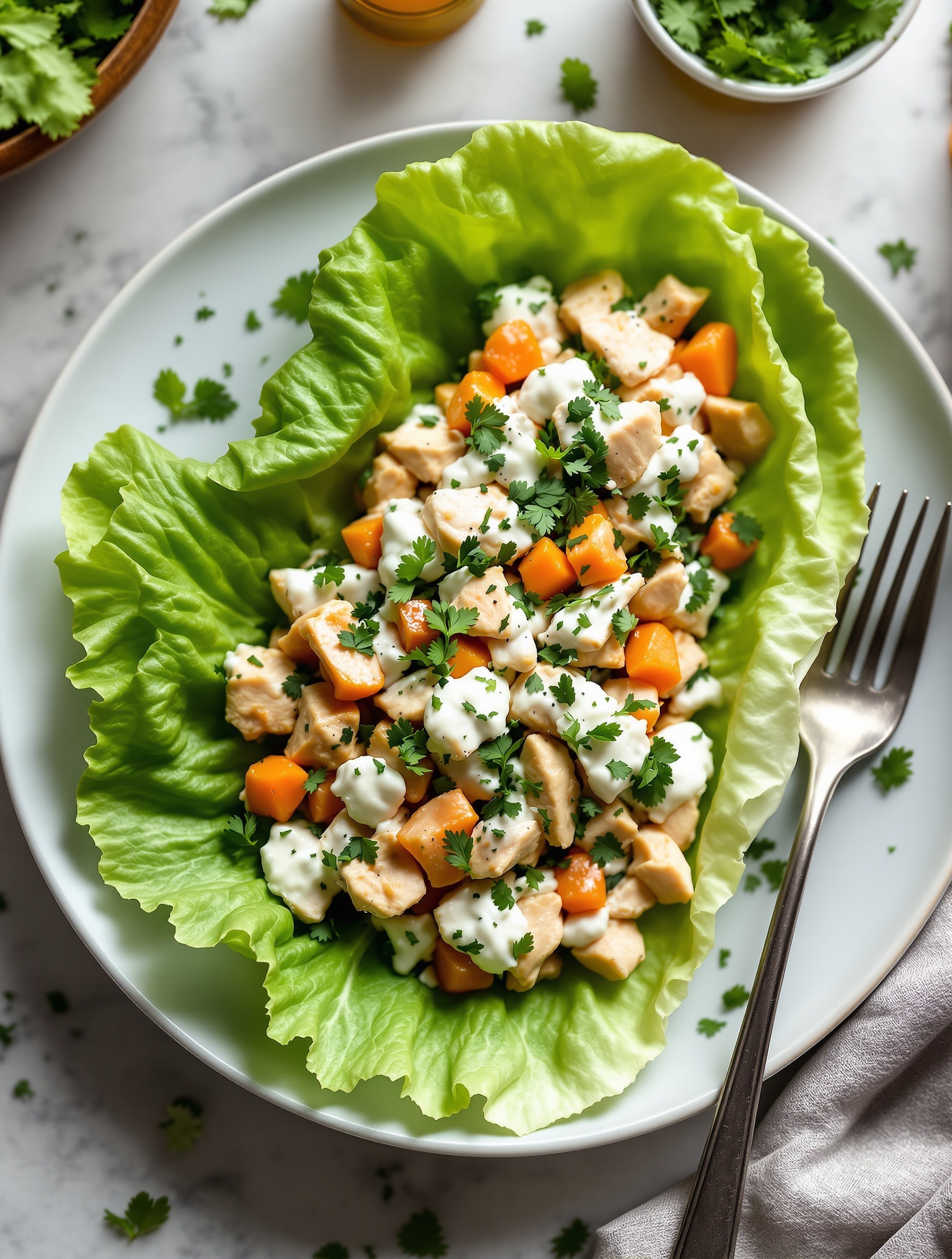 A bowl of Greek yogurt chicken salad served in lettuce leaves, garnished with fresh herbs and colorful vegetables.
