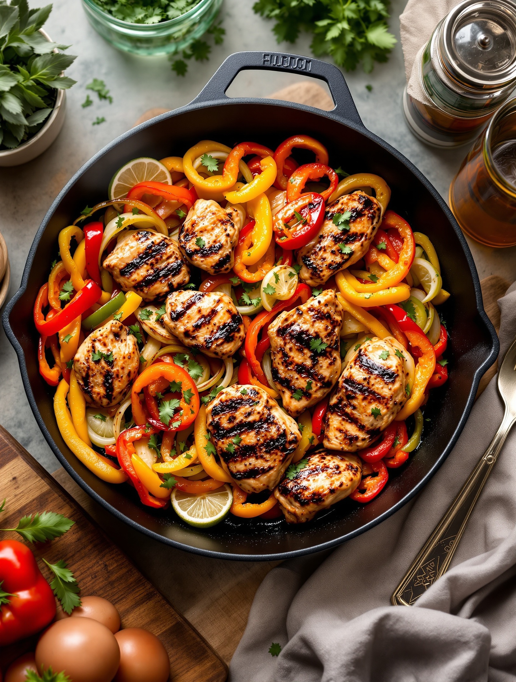 A skillet filled with grilled chicken, colorful bell peppers, and onions, garnished with cilantro and lime slices.
