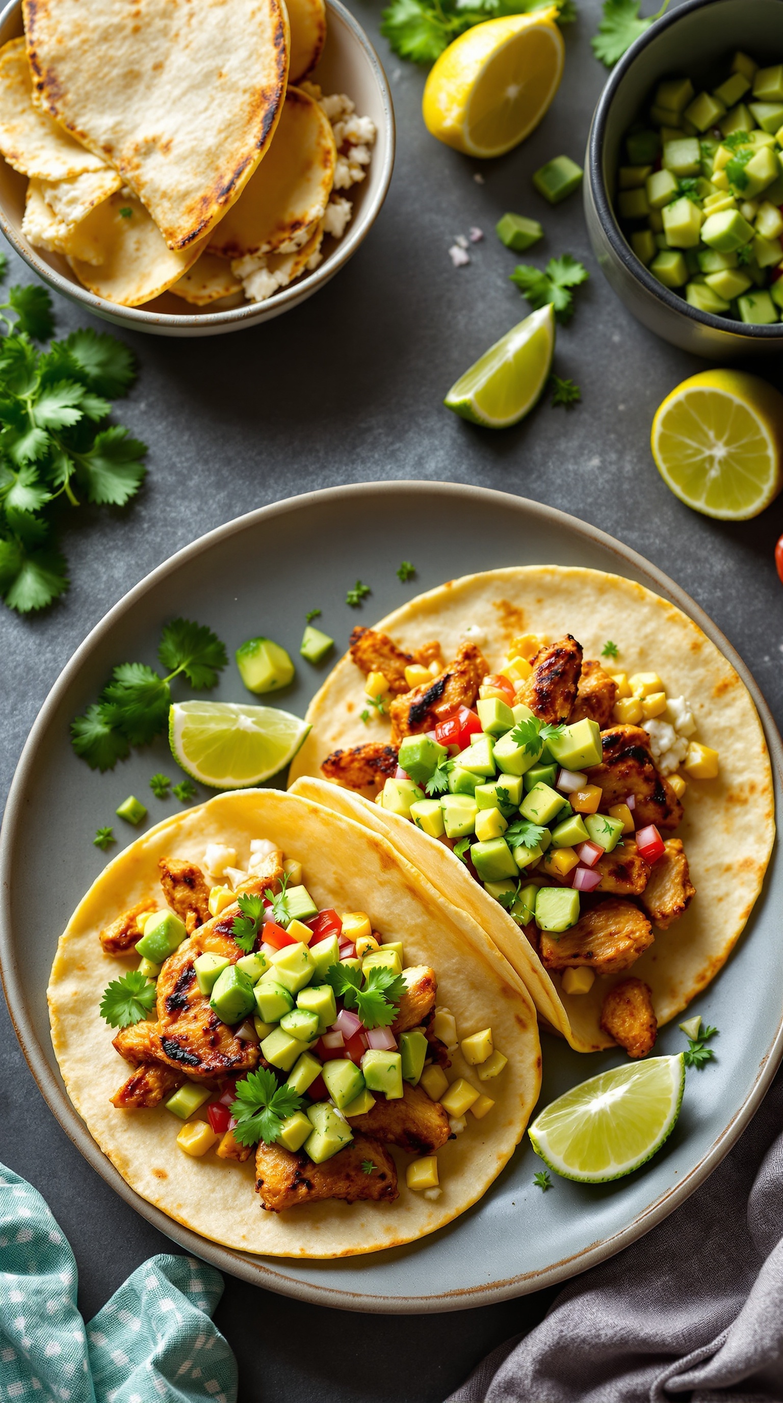 Grilled chicken tacos with avocado salsa on a plate, garnished with lime and cilantro.