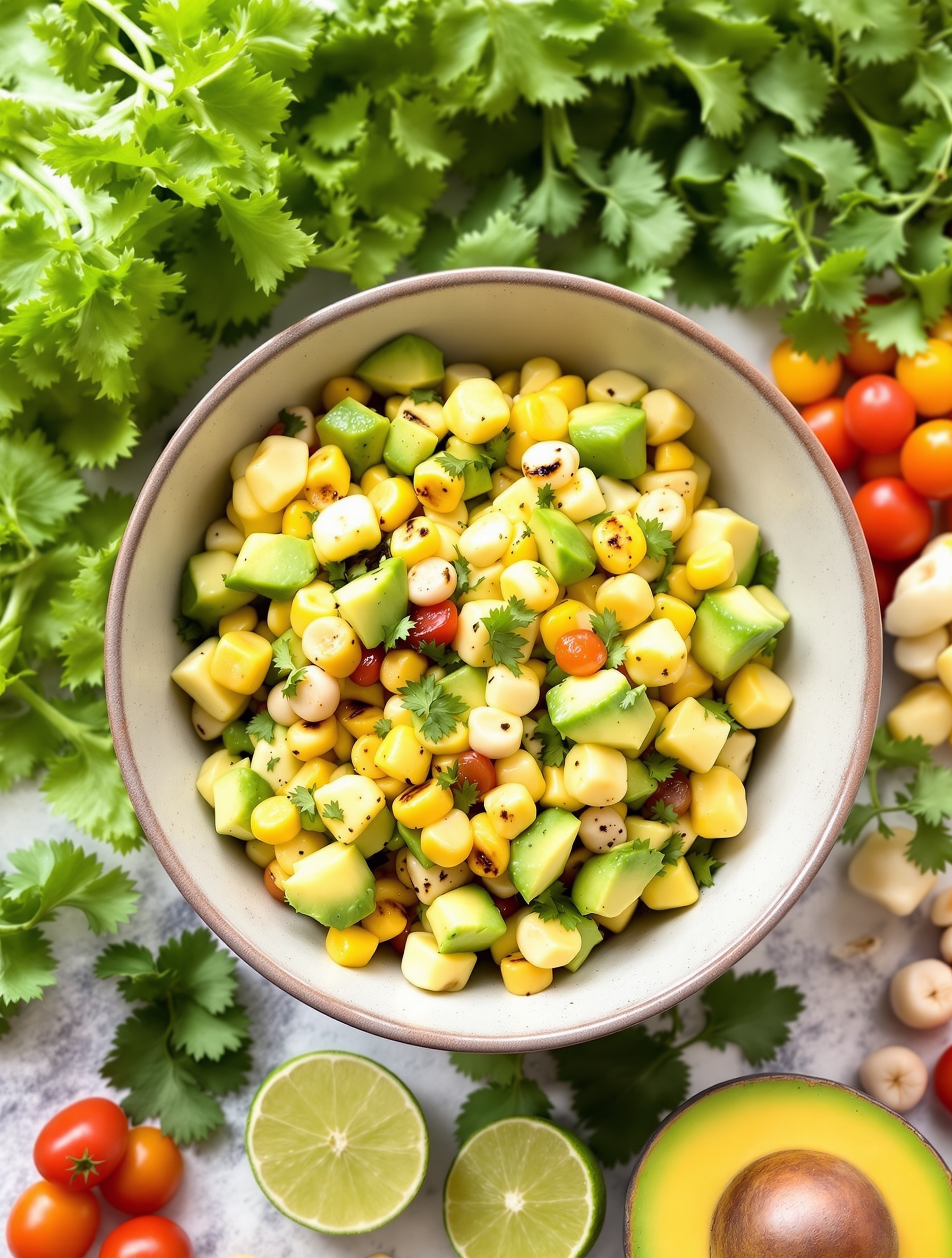 A bowl of grilled corn and avocado salad with cilantro, cherry tomatoes, and lime on the side.