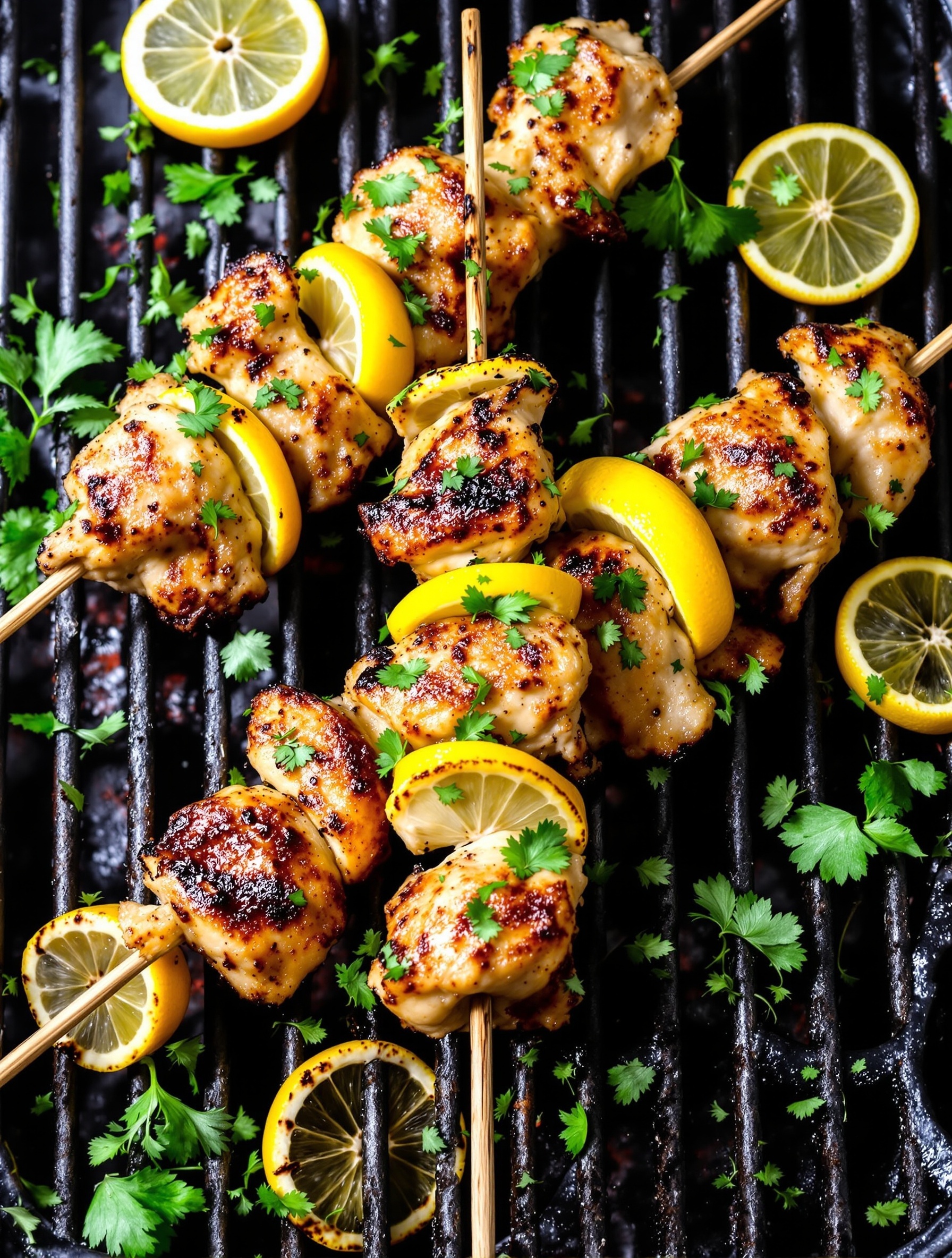 Grilled lemon herb chicken skewers with lemon slices and fresh herbs on a grill.