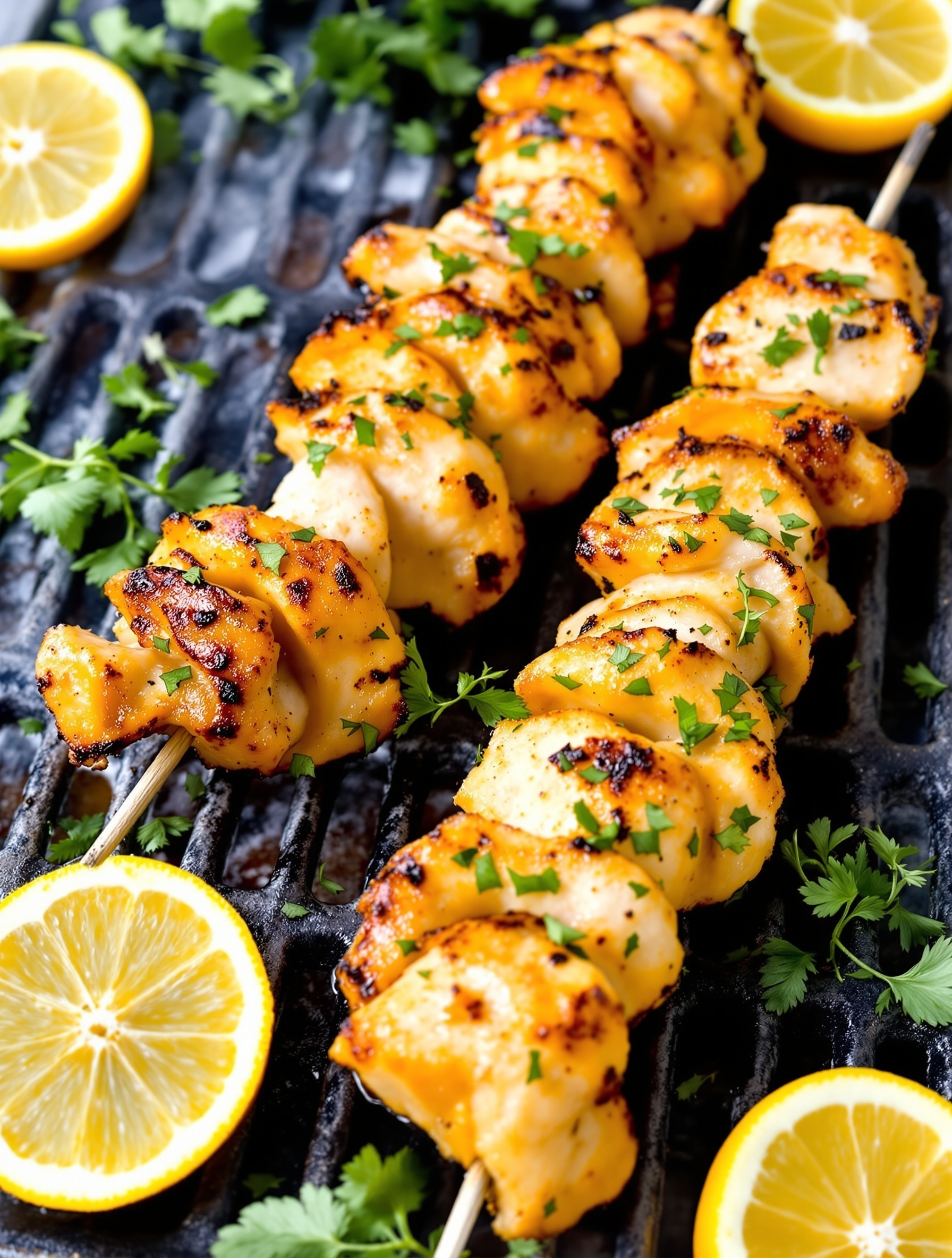 Grilled lemon herb chicken skewers with fresh herbs and lemon slices
