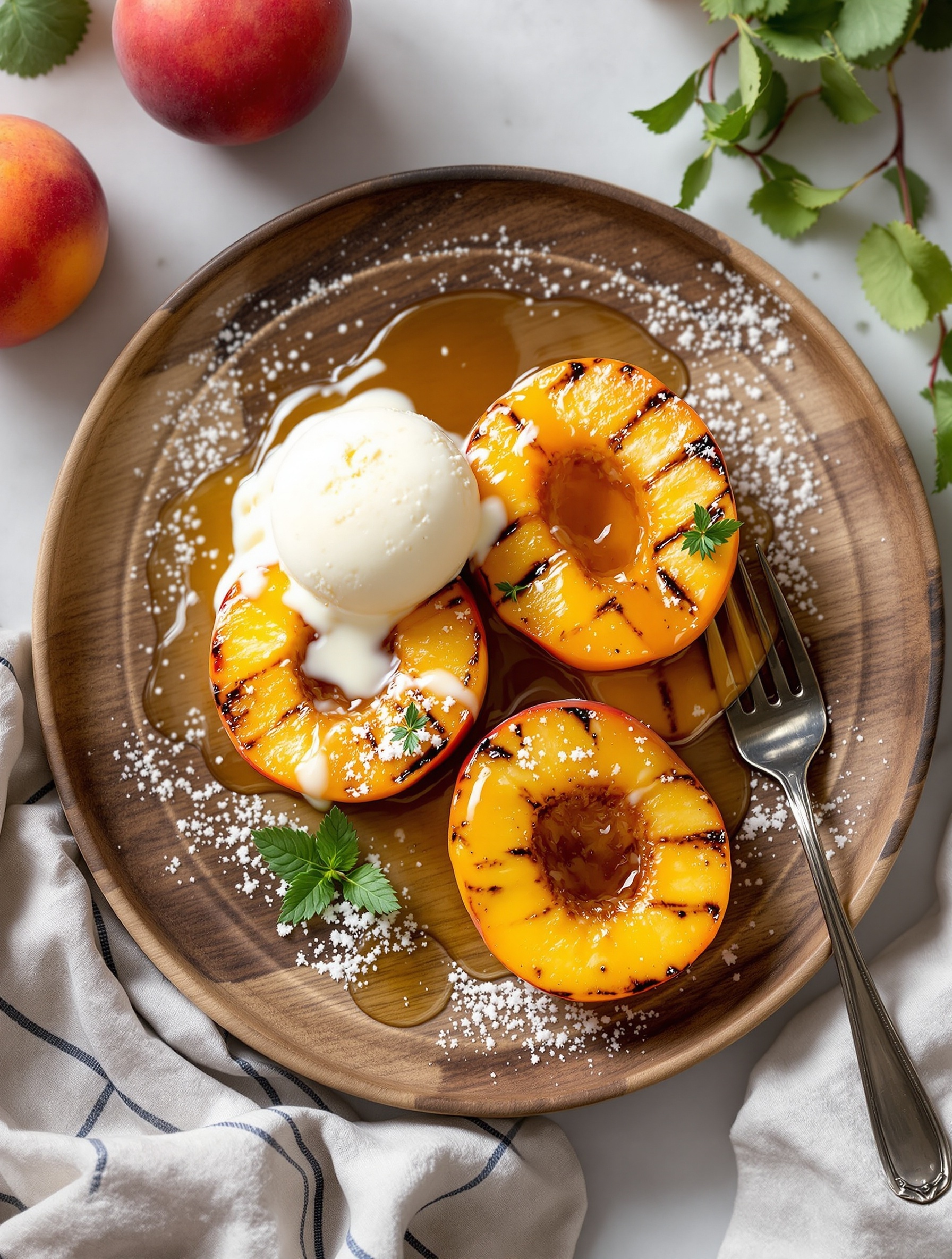 Grilled peach halves with honey and ice cream on a wooden plate