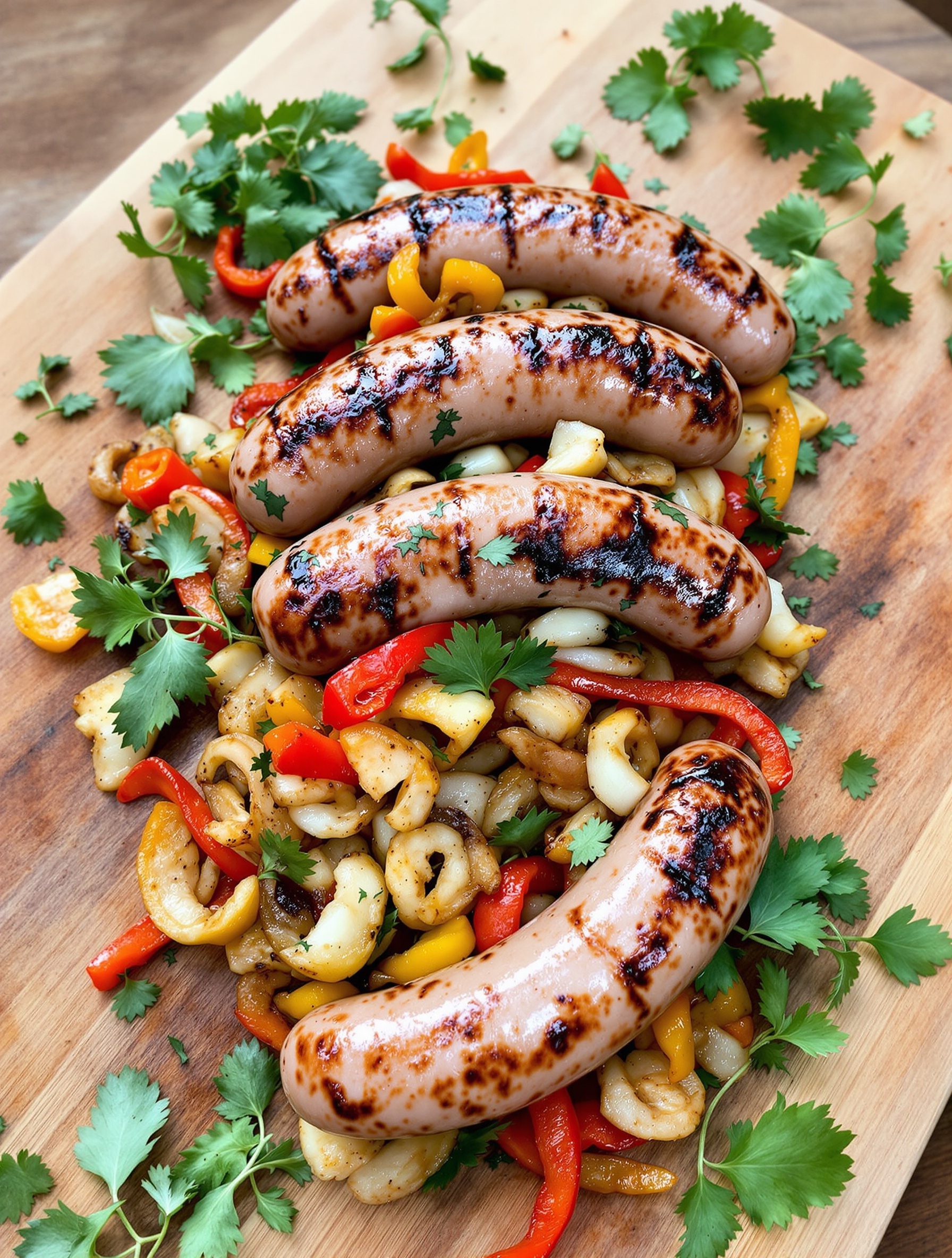 Grilled sausages with colorful peppers and onions on a wooden board, garnished with cilantro.