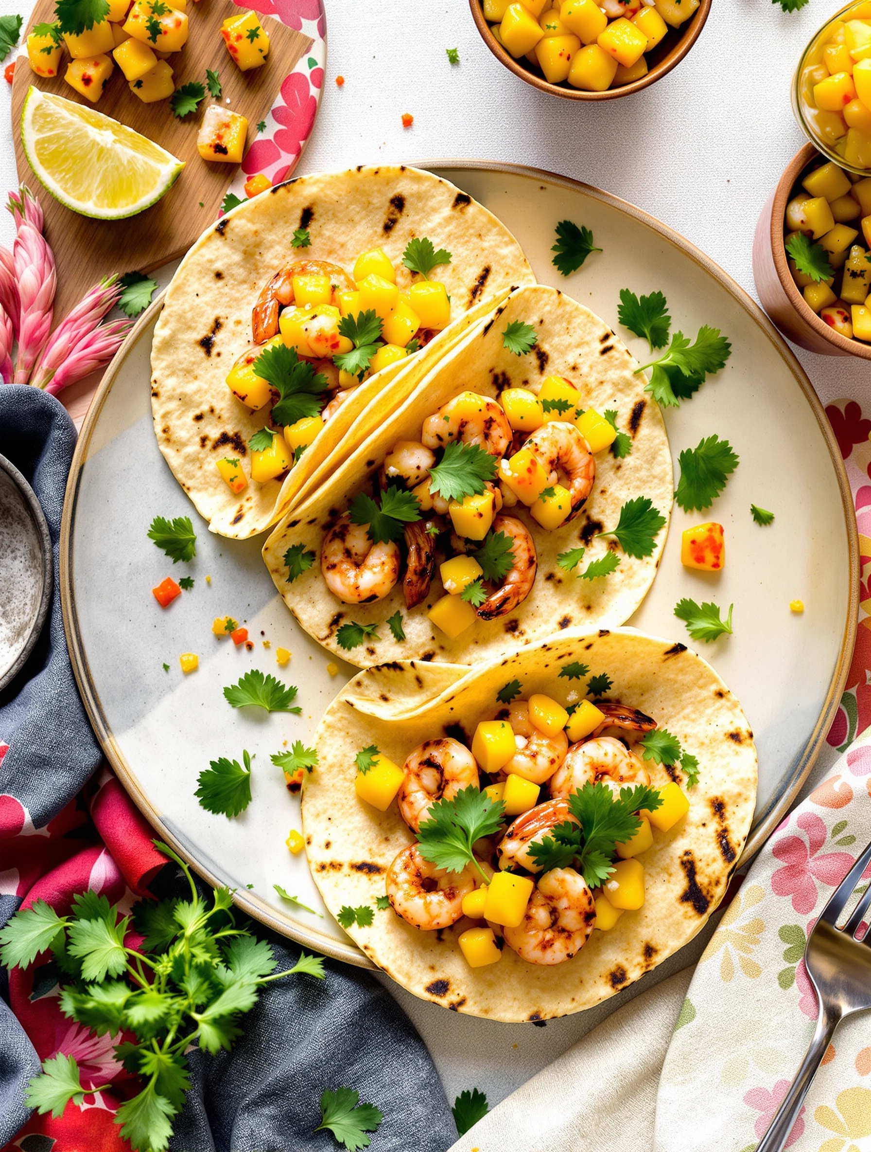 Grilled shrimp tacos with mango salsa on a plate, garnished with cilantro and lime.