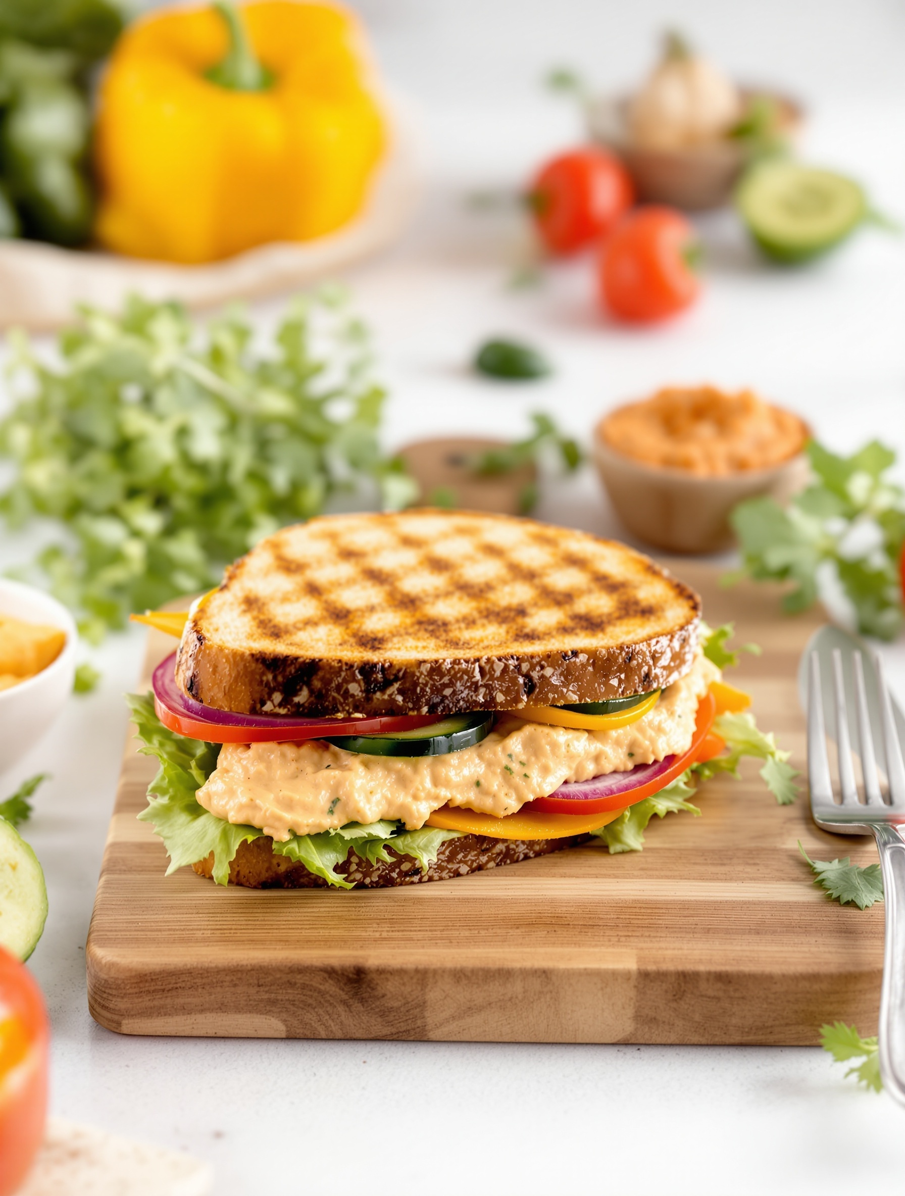 Grilled vegetable and hummus sandwich on a wooden board with fresh ingredients in the background.