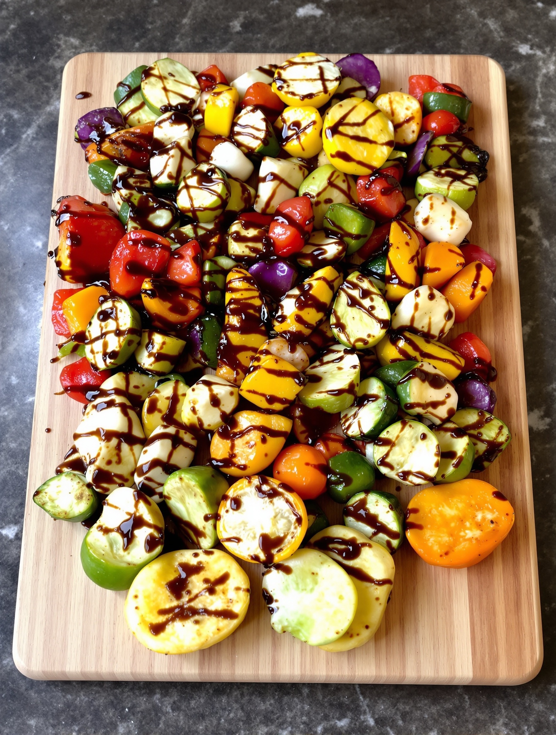 A colorful grilled vegetable platter drizzled with balsamic glaze on a wooden board.