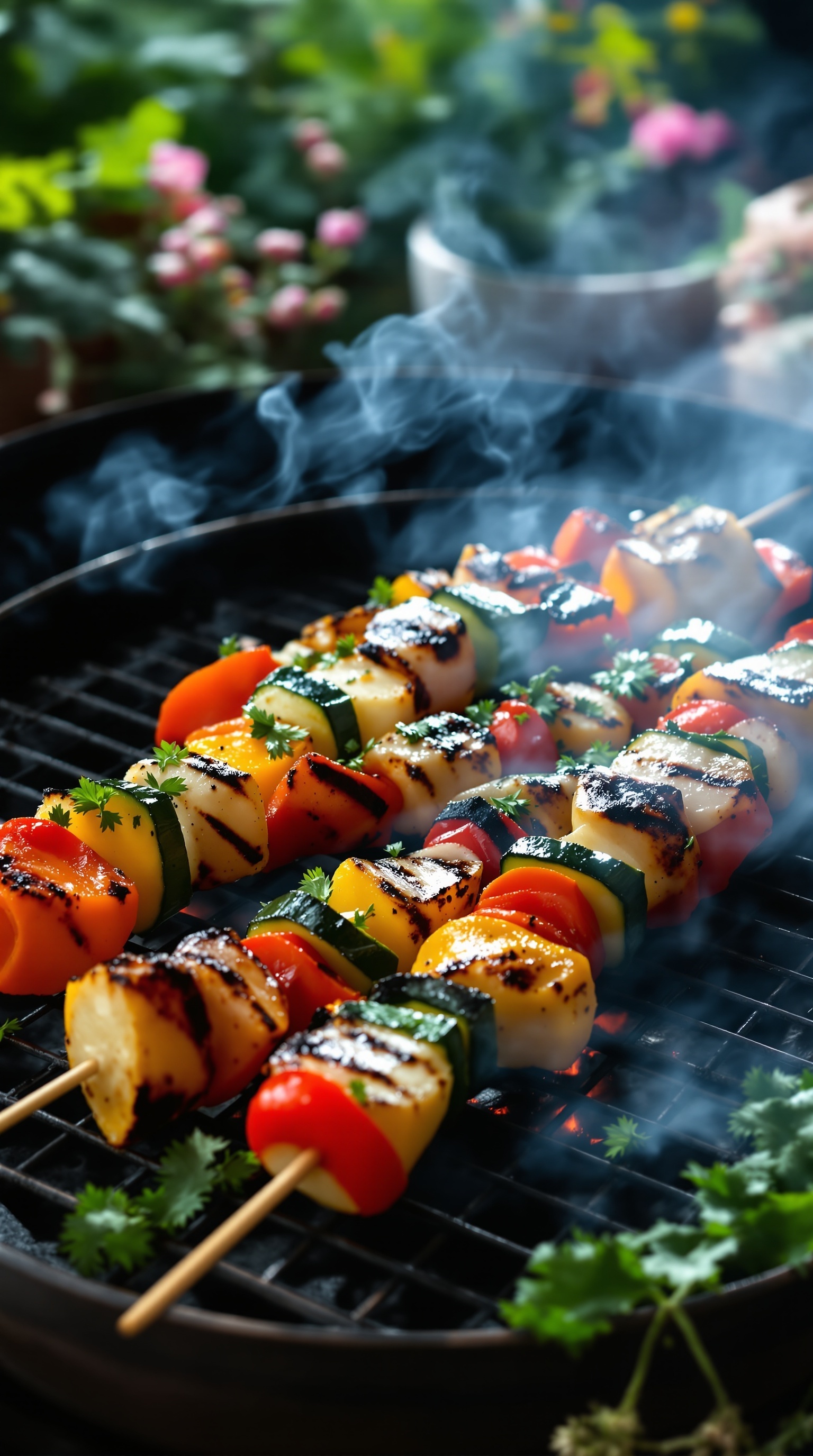 Grilled vegetable skewers with colorful peppers, zucchini, and onions on a grill