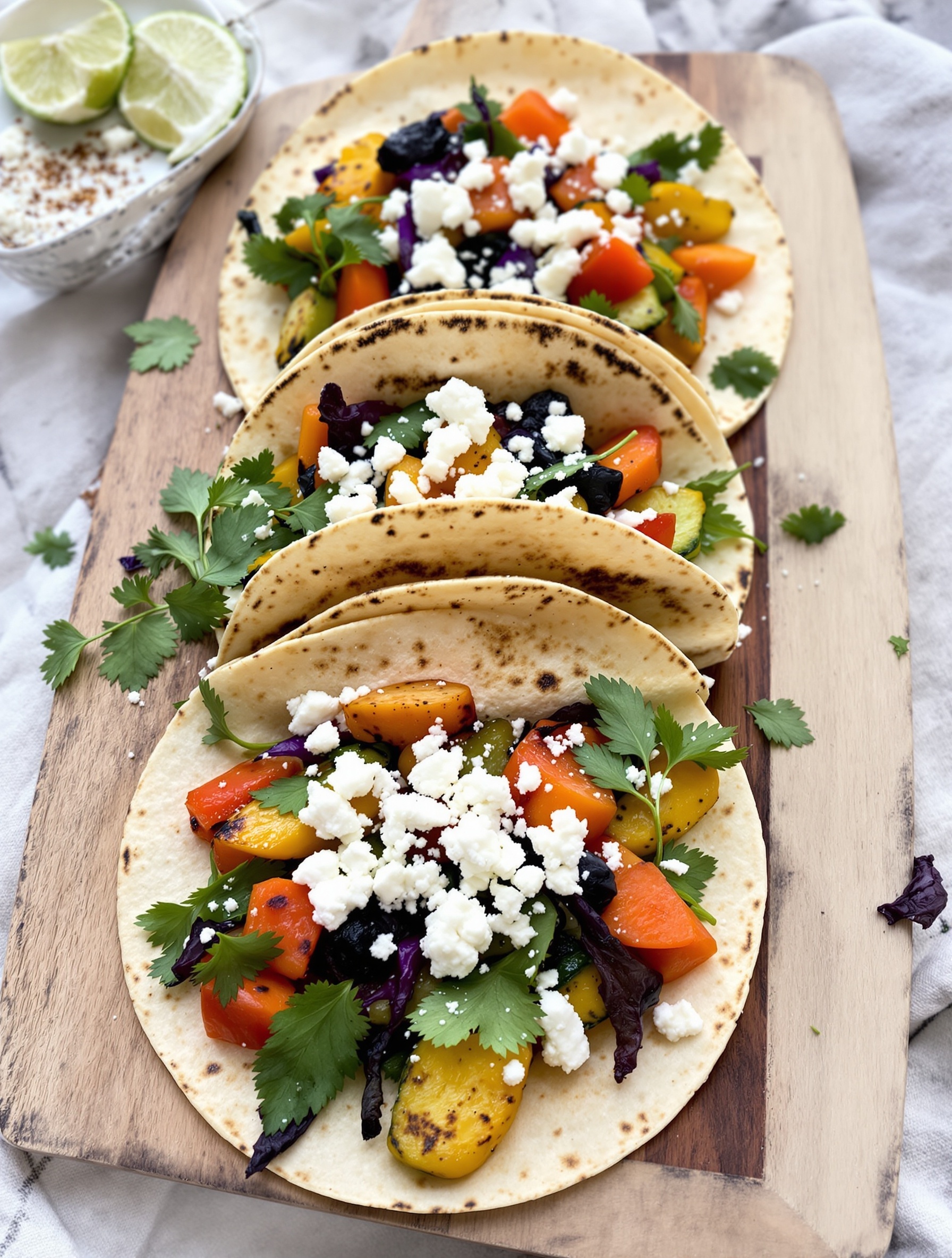 Grilled vegetable tacos with feta cheese and cilantro on a wooden board.
