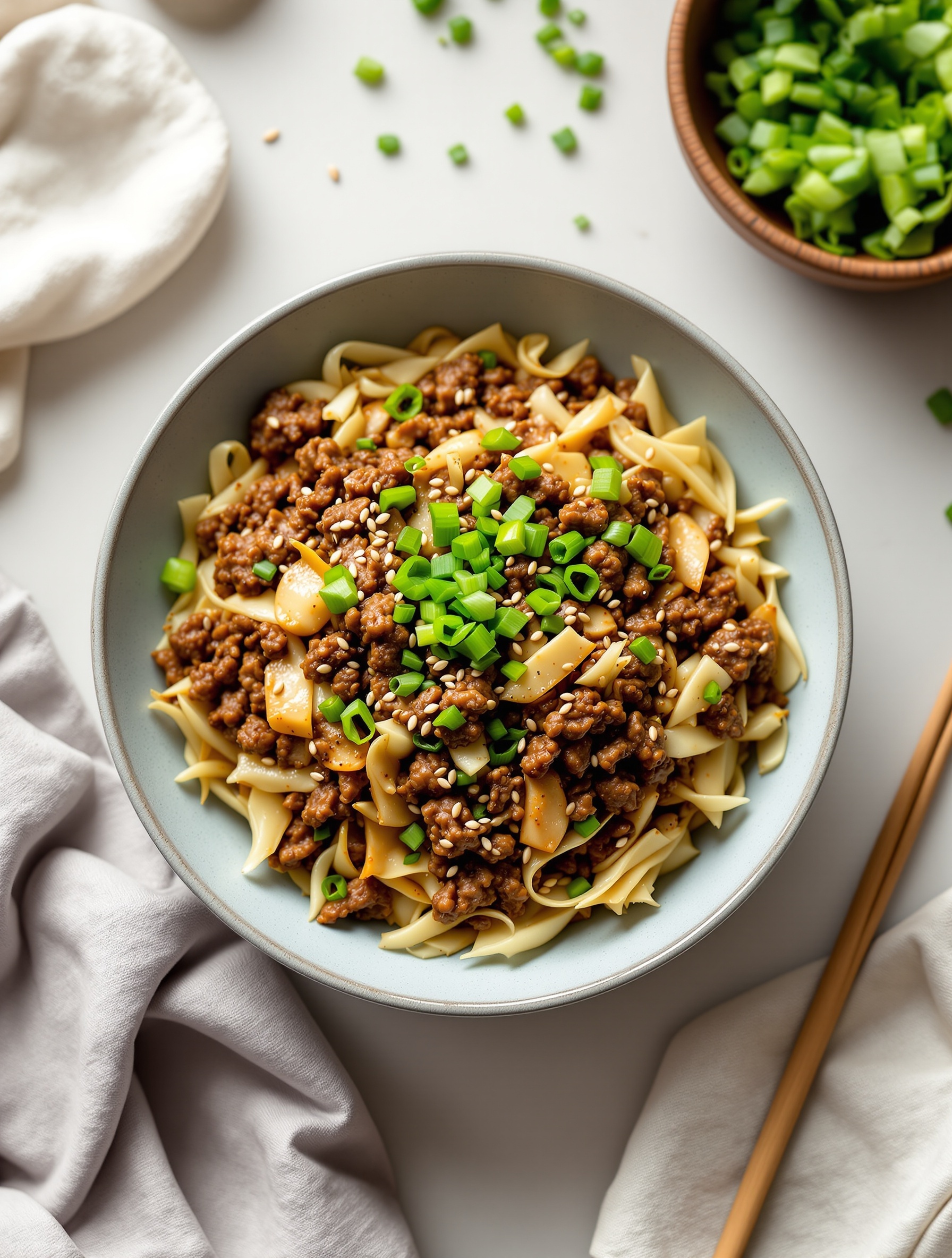 A bowl of ground beef and cabbage stir-fry with green onions on top, served over noodles.