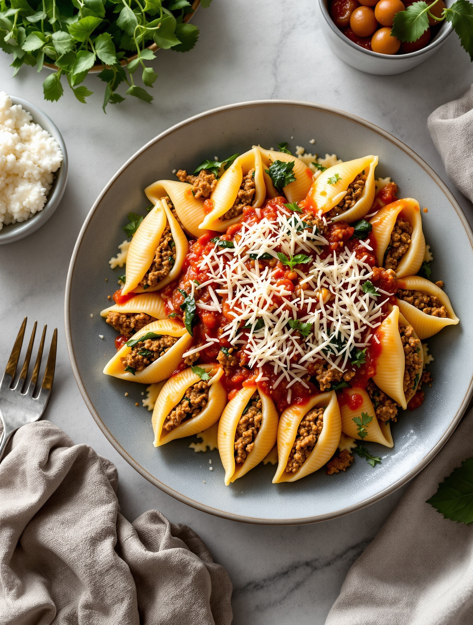 A plate of Ground Beef and Spinach Stuffed Shells topped with marinara sauce and cheese, garnished with fresh herbs.