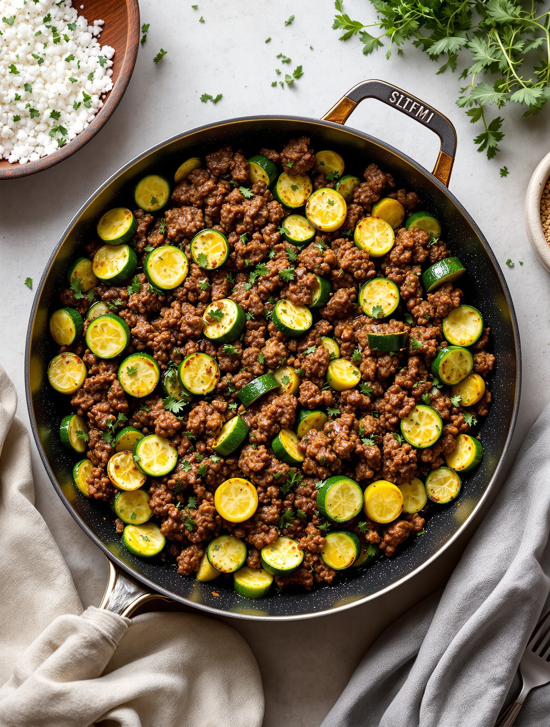 A skillet filled with ground beef and sliced zucchini, garnished with parsley.