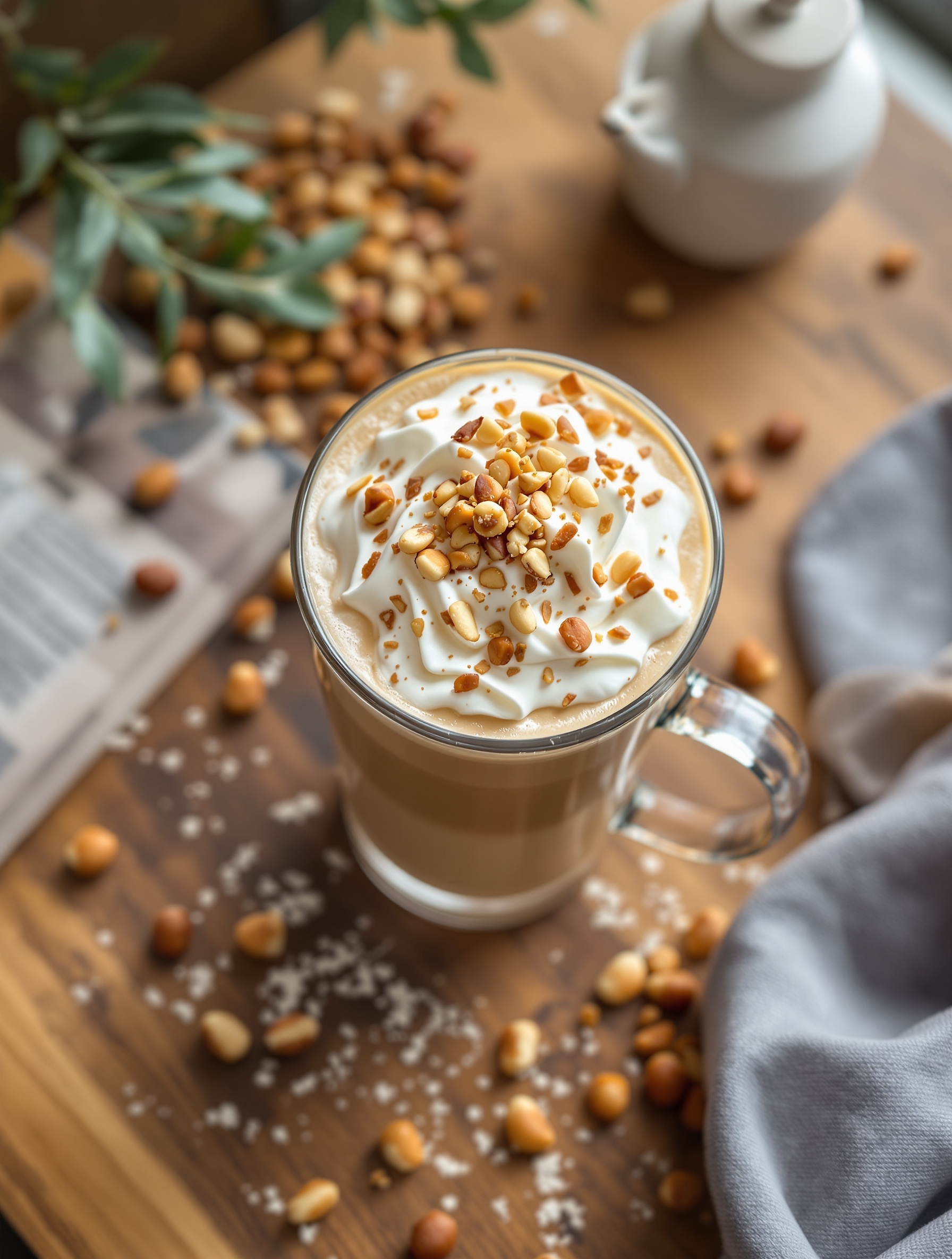 A glass of hazelnut iced coffee topped with whipped cream and crushed hazelnuts, surrounded by scattered nuts on a wooden table.