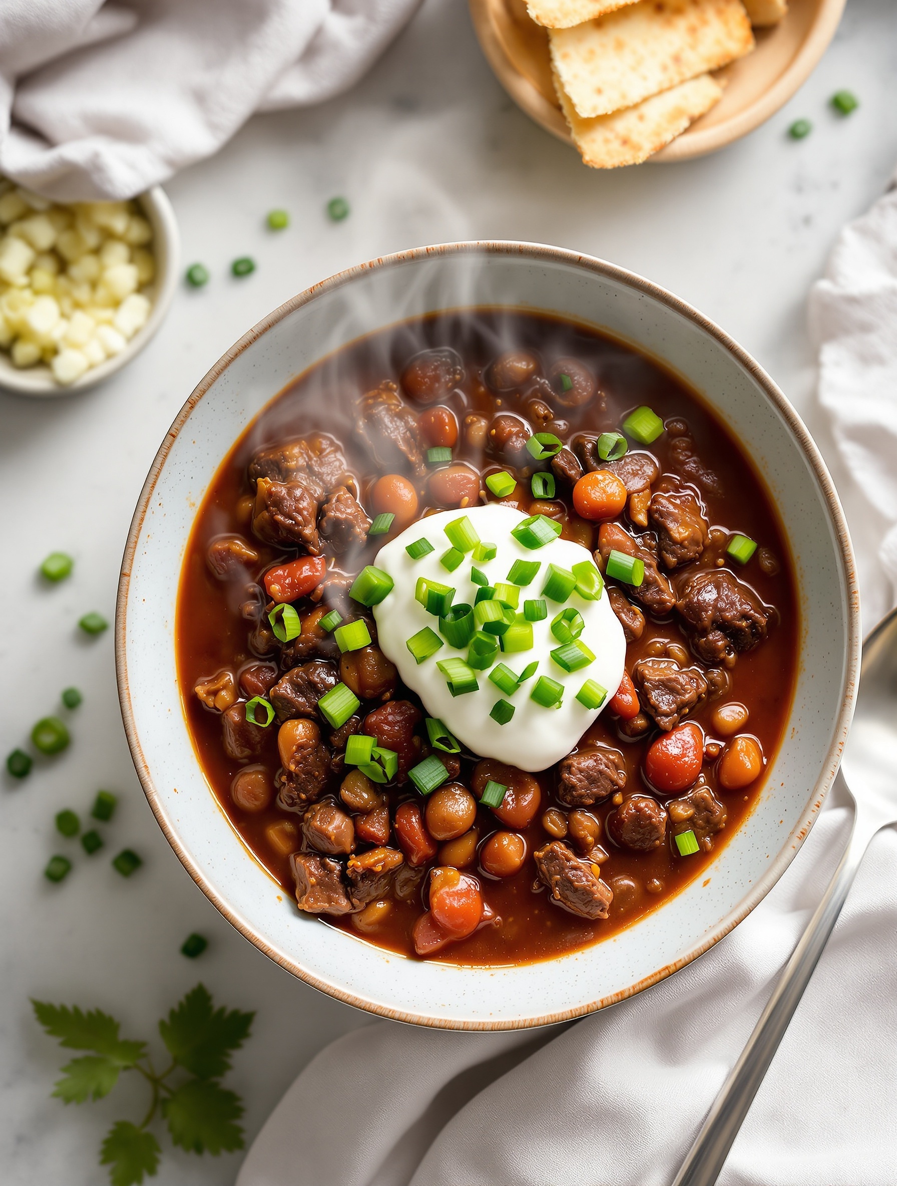 A bowl of hearty beef chili with beans, topped with sour cream and green onions.