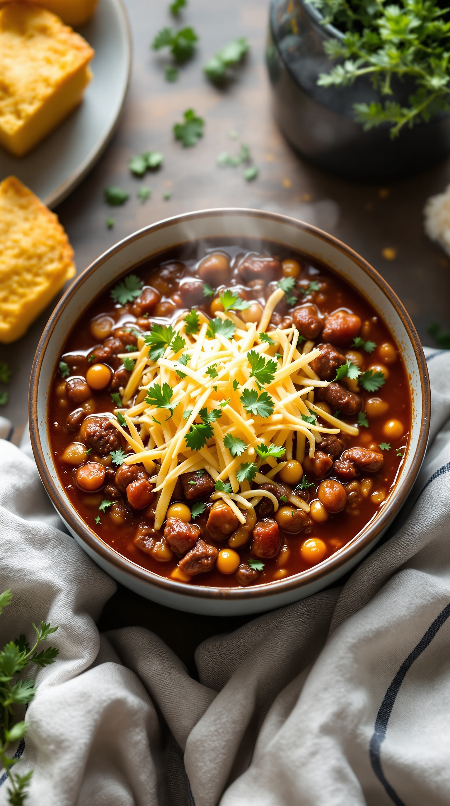 A bowl of hearty beef chili with beans, topped with shredded cheese and cilantro, served with cornbread on the side.