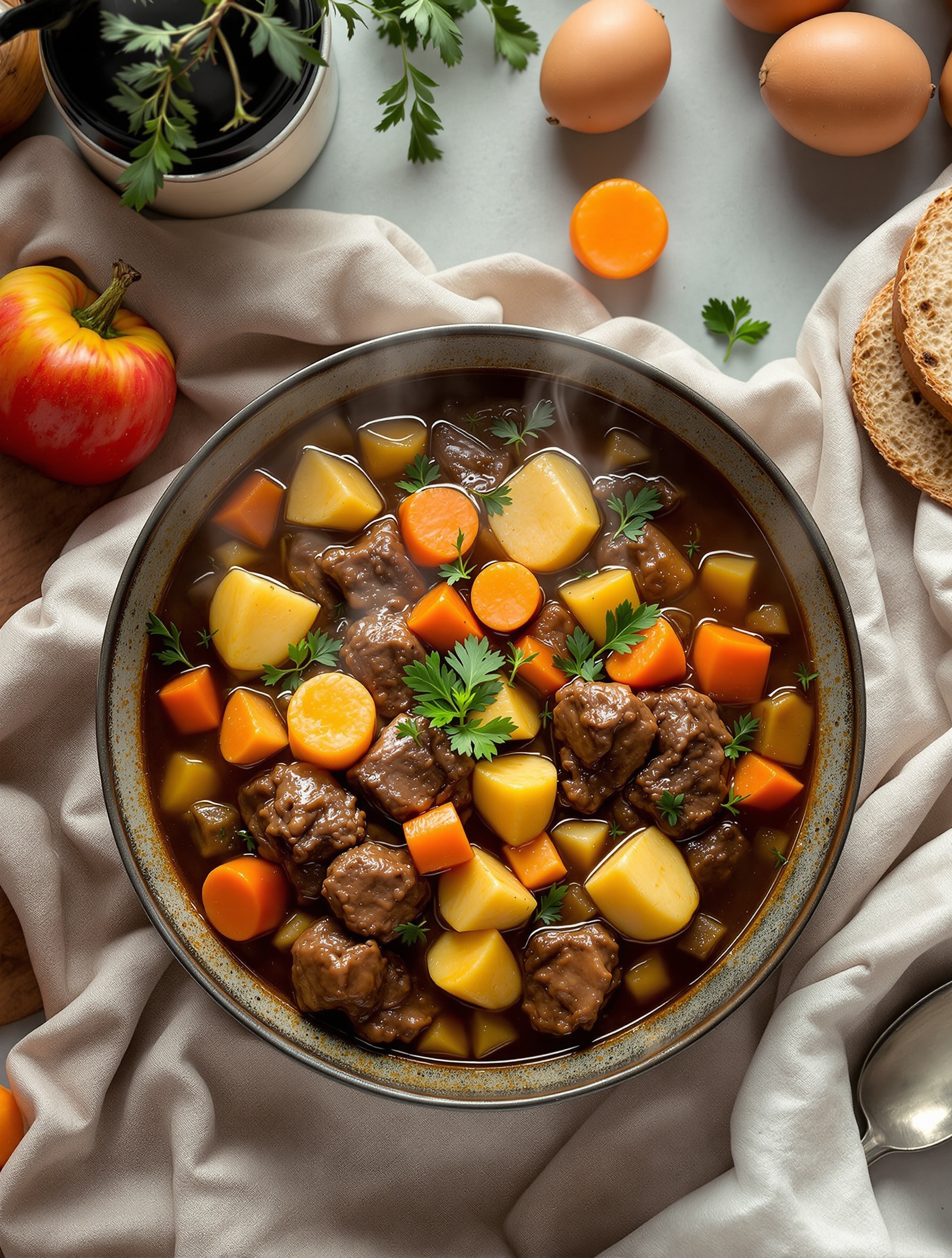 A bowl of hearty beef stew with root vegetables, including carrots and potatoes, garnished with parsley.