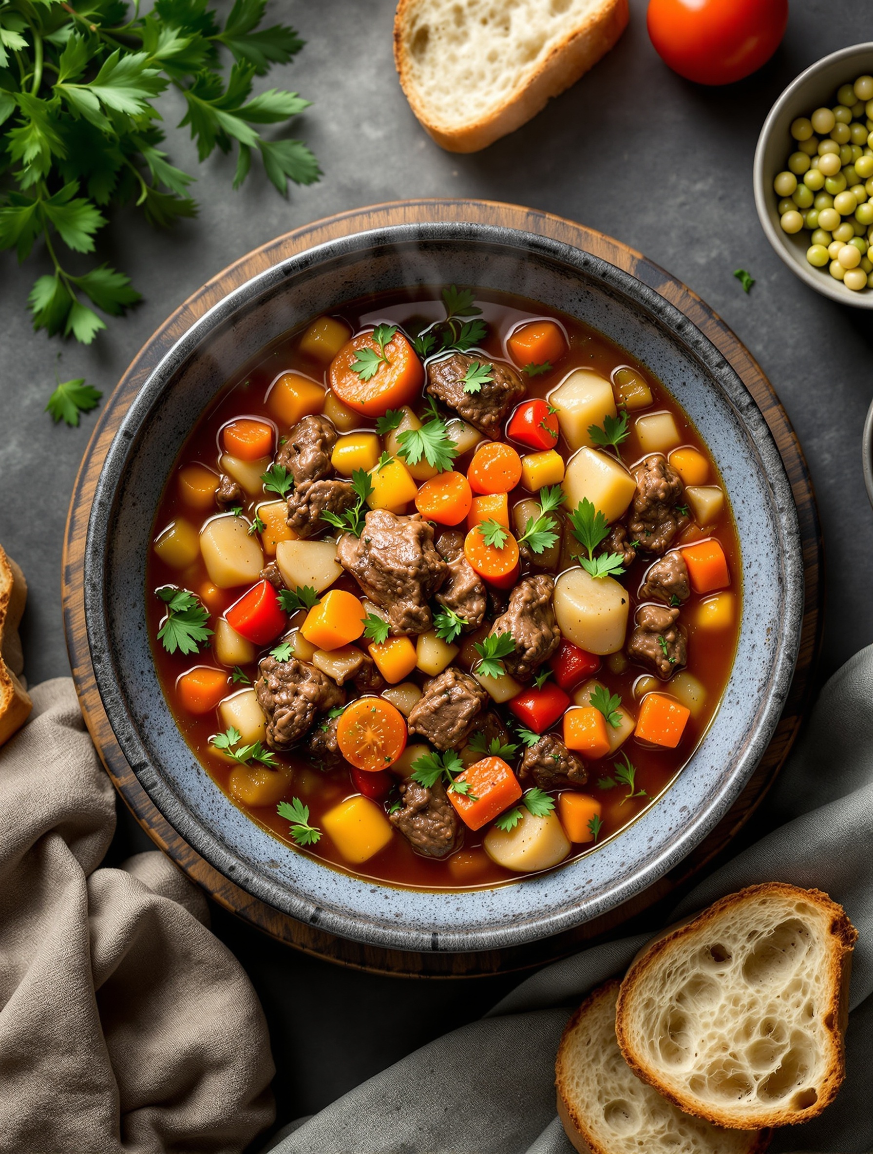 A bowl of hearty vegetable beef stew with colorful vegetables and tender beef, surrounded by slices of bread and fresh herbs.