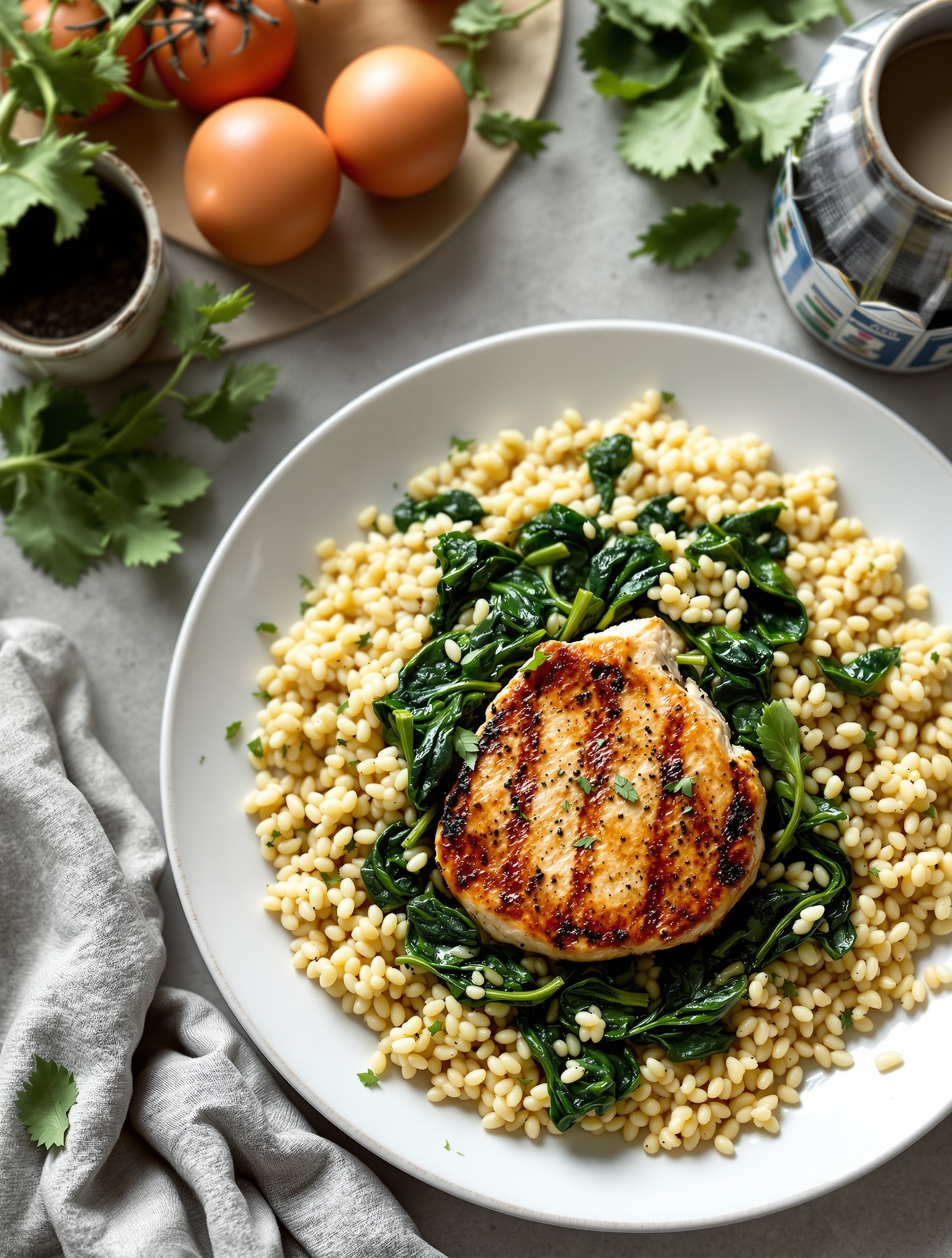 A plate of herbed grilled chicken served with couscous and sautéed spinach, garnished with fresh herbs.