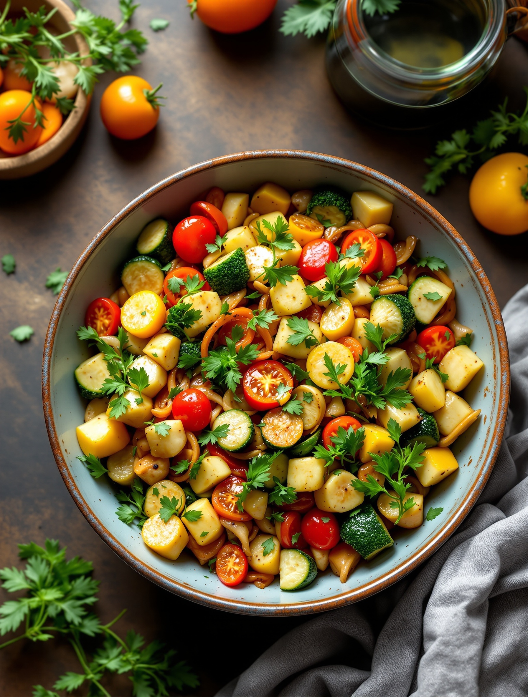 A colorful bowl of herbed vegetable stir fry with zucchini, cherry tomatoes, and fresh herbs.