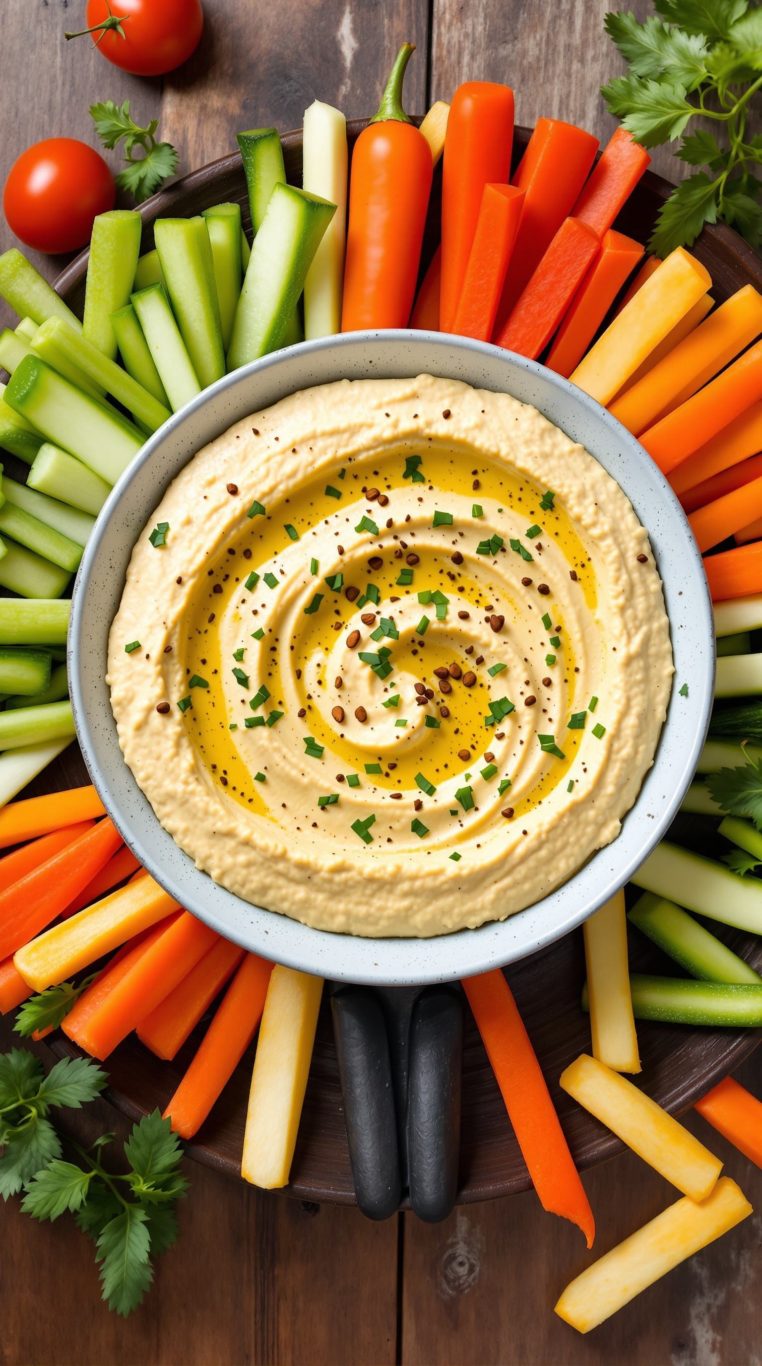 A bowl of homemade hummus surrounded by colorful veggie sticks including carrots, cucumbers, and bell peppers.