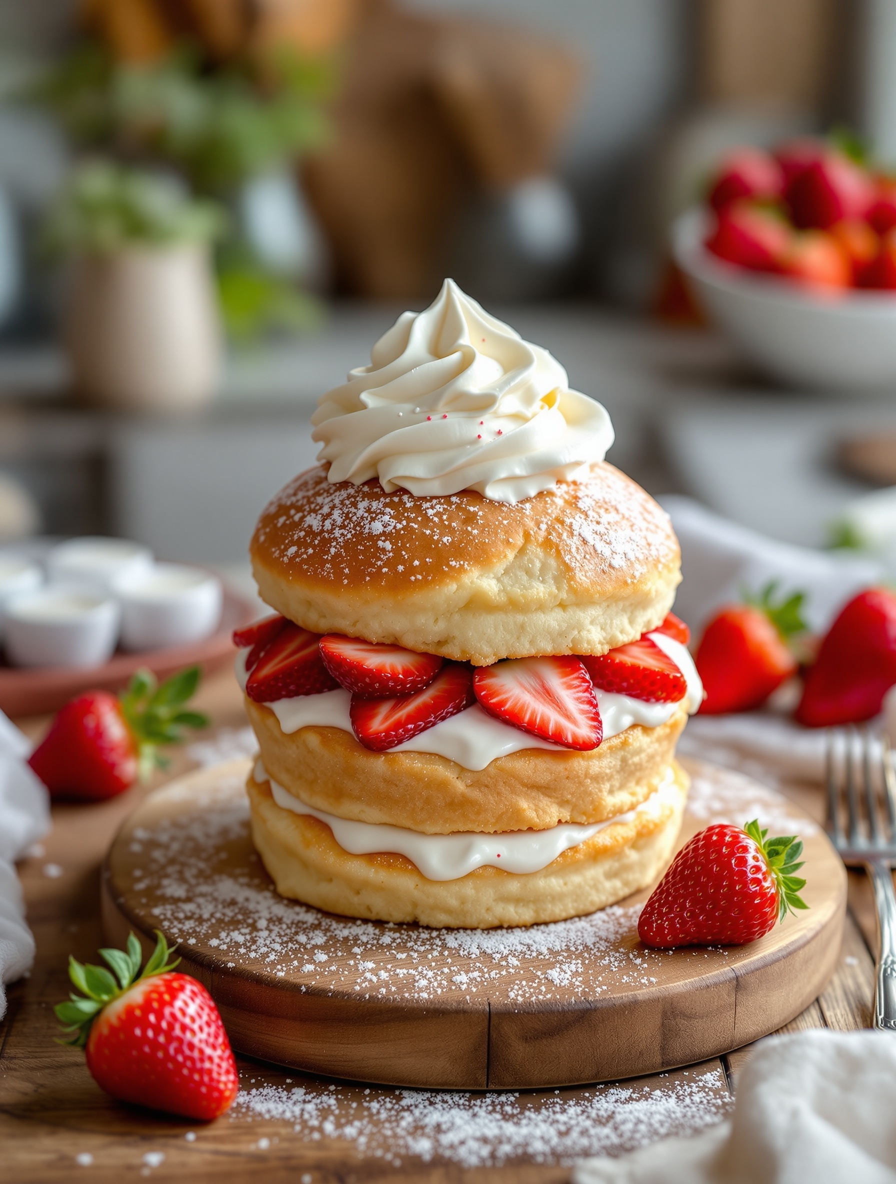 A delicious homemade strawberry shortcake with layers of fluffy biscuits, fresh strawberries, and whipped cream.