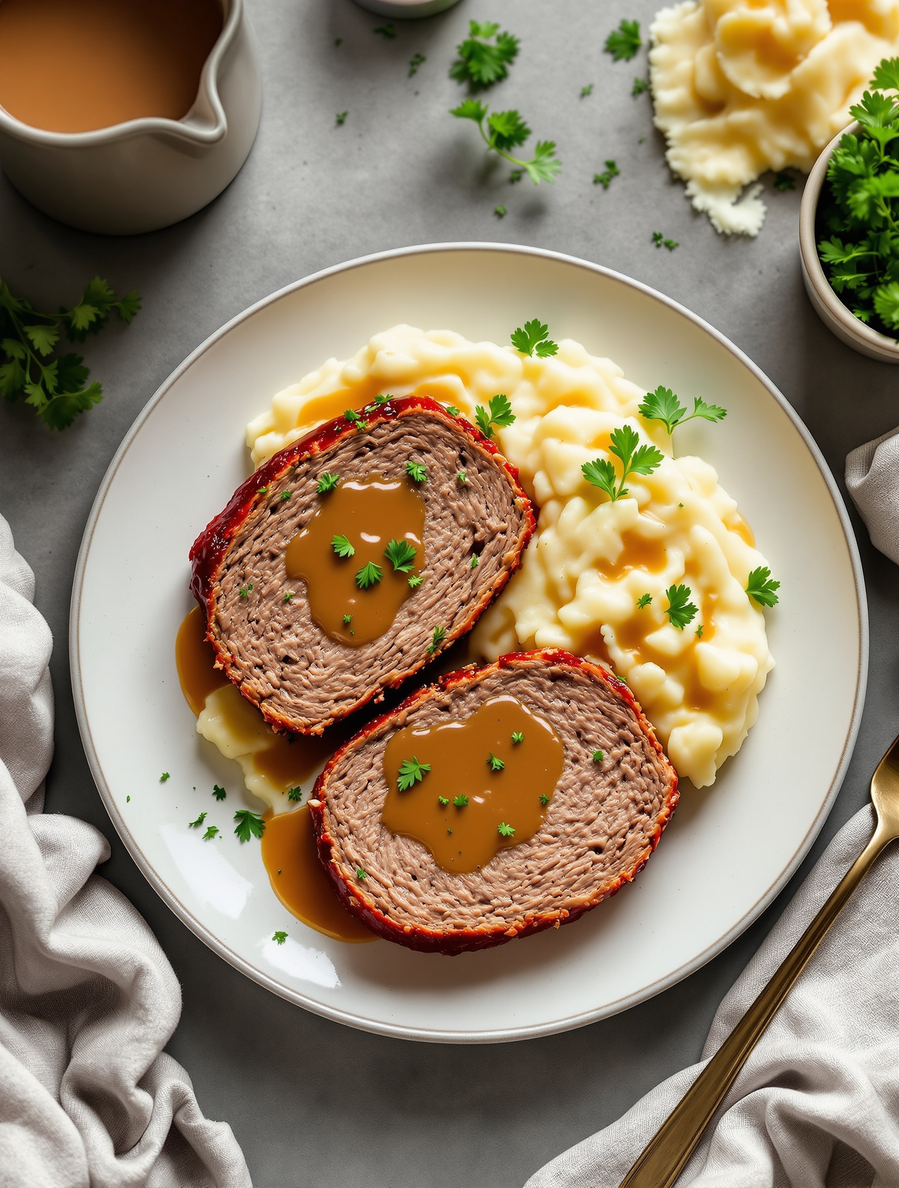 A plate of homestyle meatloaf with mashed potatoes, garnished with parsley.