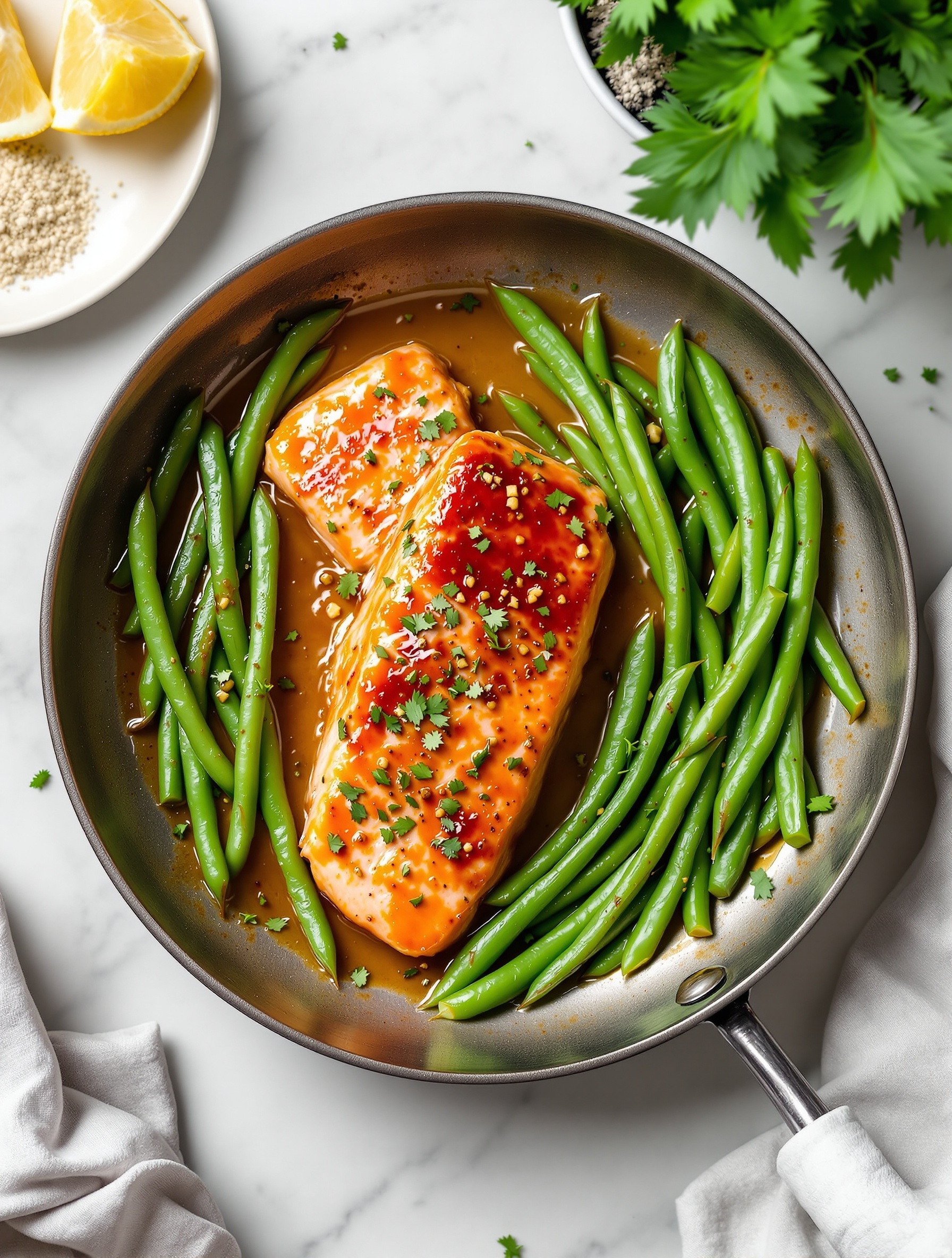 A skillet with honey garlic glazed salmon and green beans, garnished with parsley.