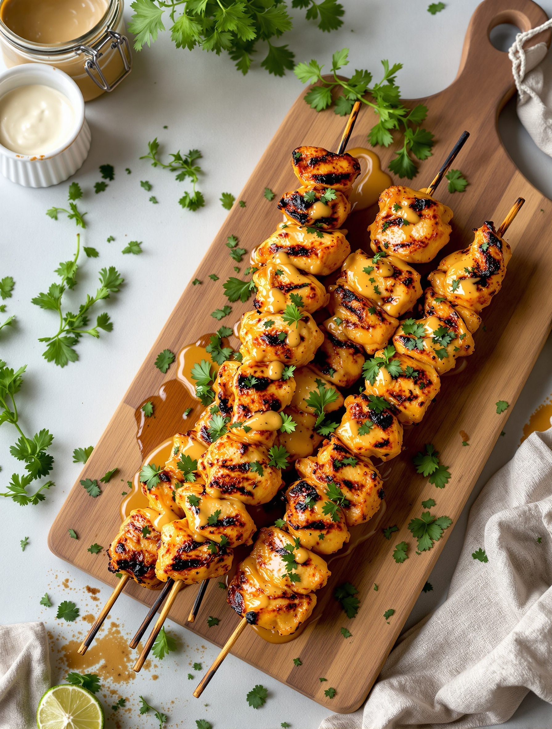 Honey mustard glazed grilled chicken skewers on a wooden platter with cilantro garnish.