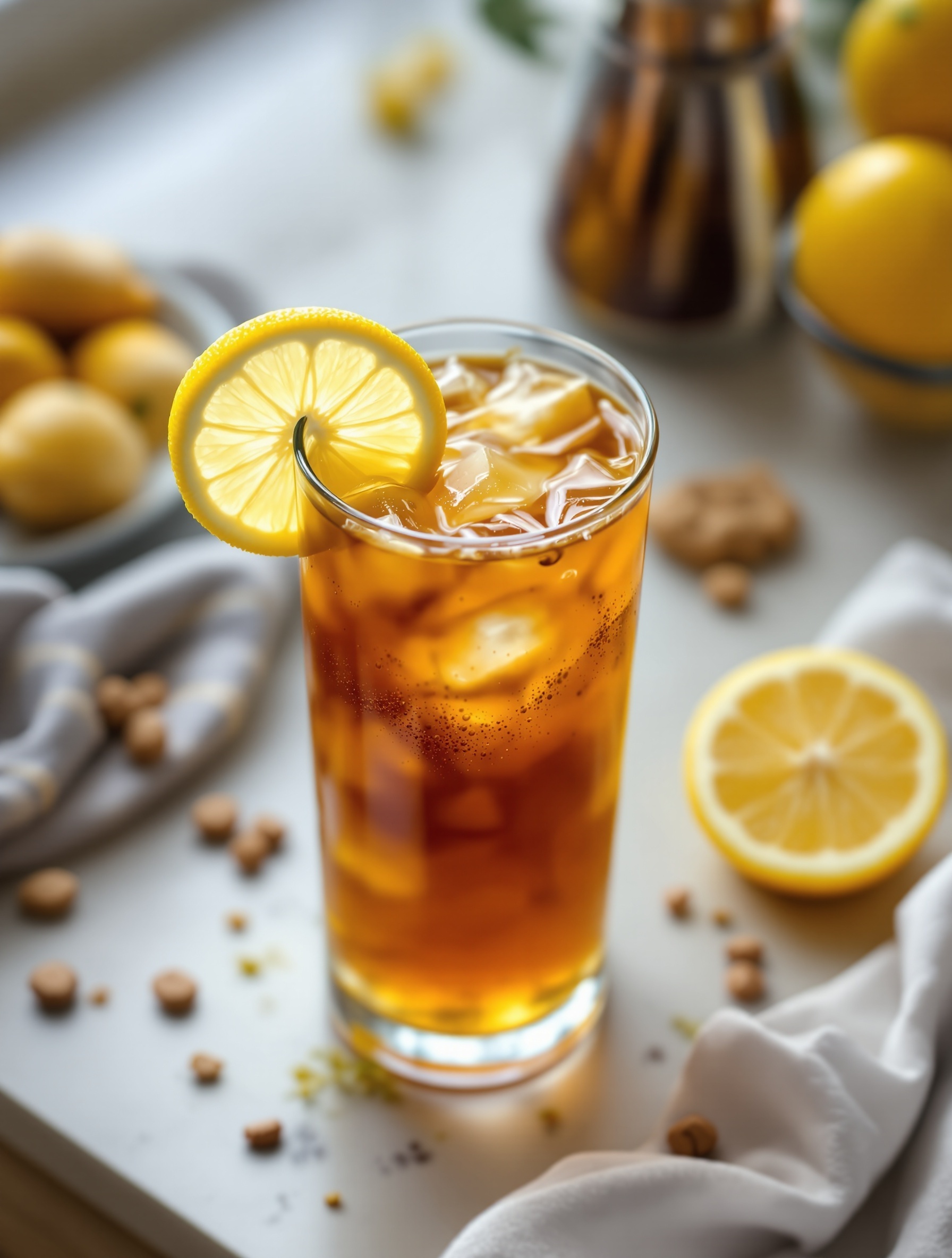 A refreshing iced coffee drink with ginger and lemon, garnished with a lemon slice.