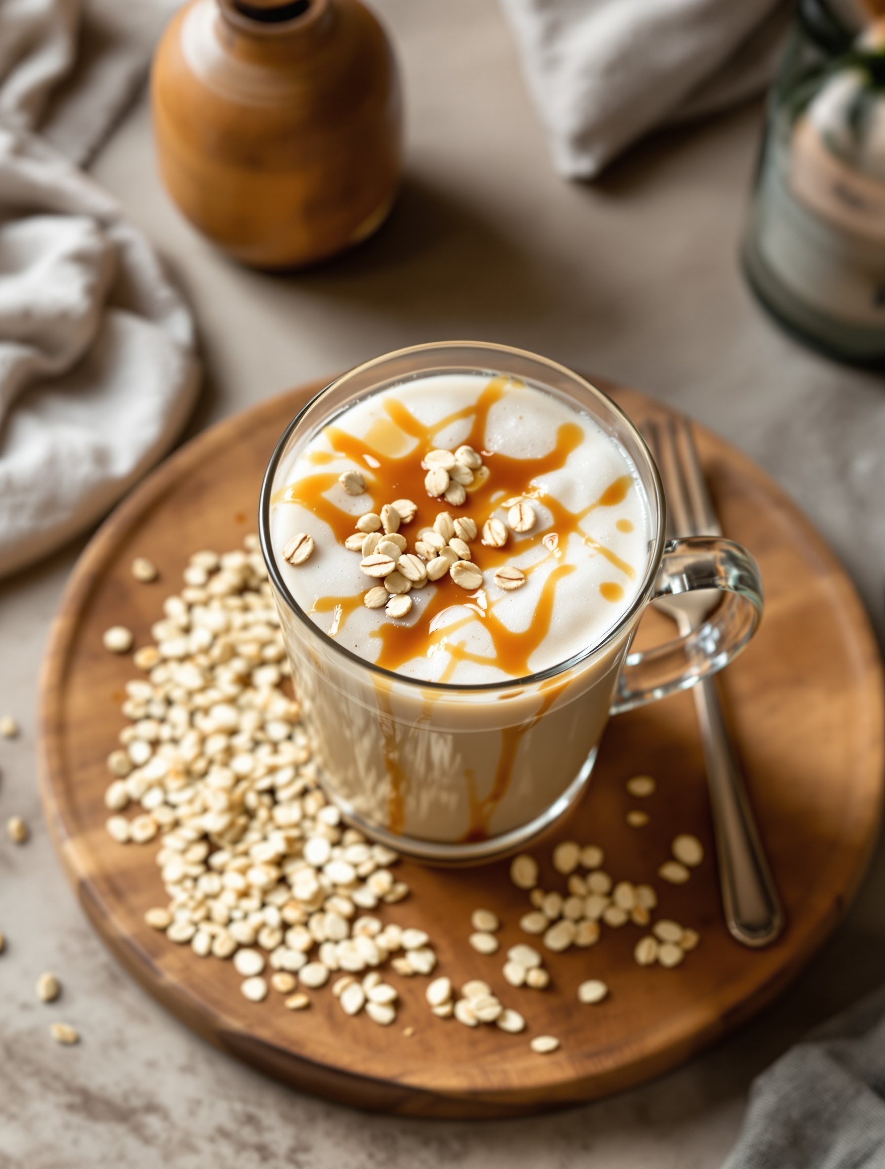 A glass of iced coffee with oat milk and maple syrup, topped with oats, on a wooden plate.