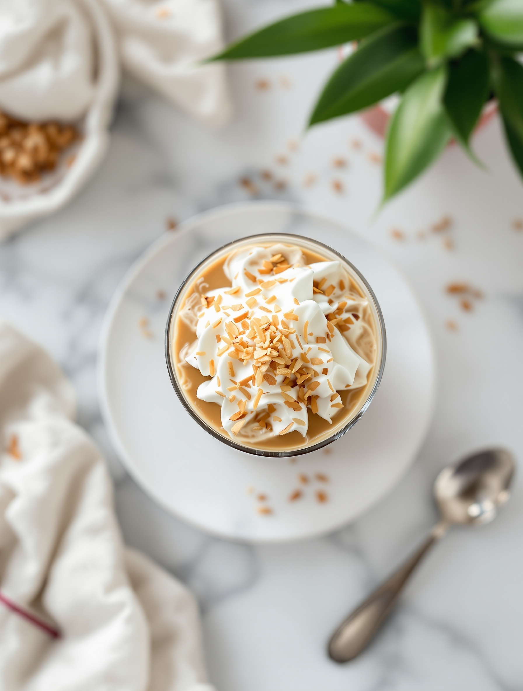 A glass of iced coffee topped with whipped coconut cream and toasted coconut flakes.