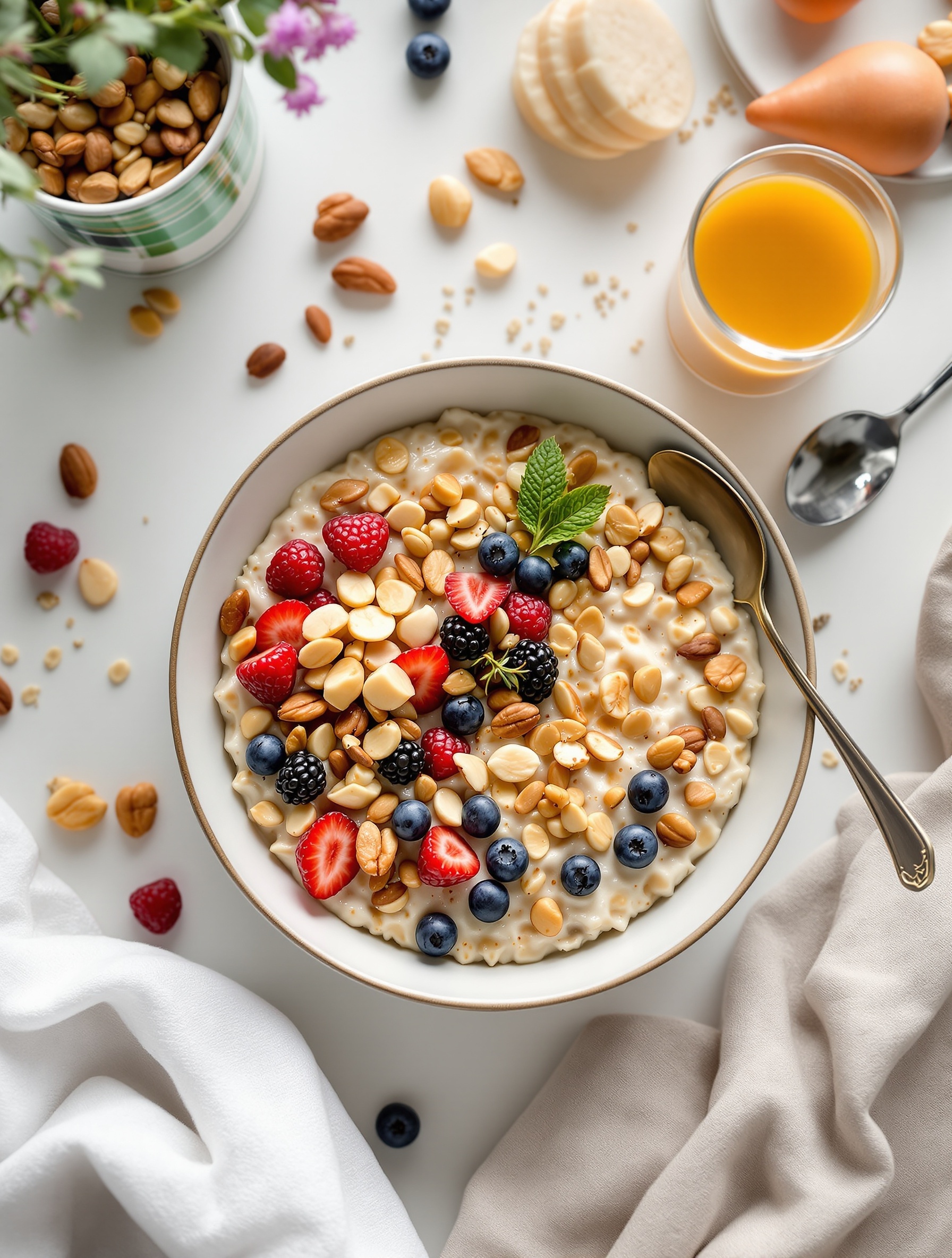 A bowl of instant oatmeal topped with fresh fruits and nuts, with a glass of juice and some nuts in the background.