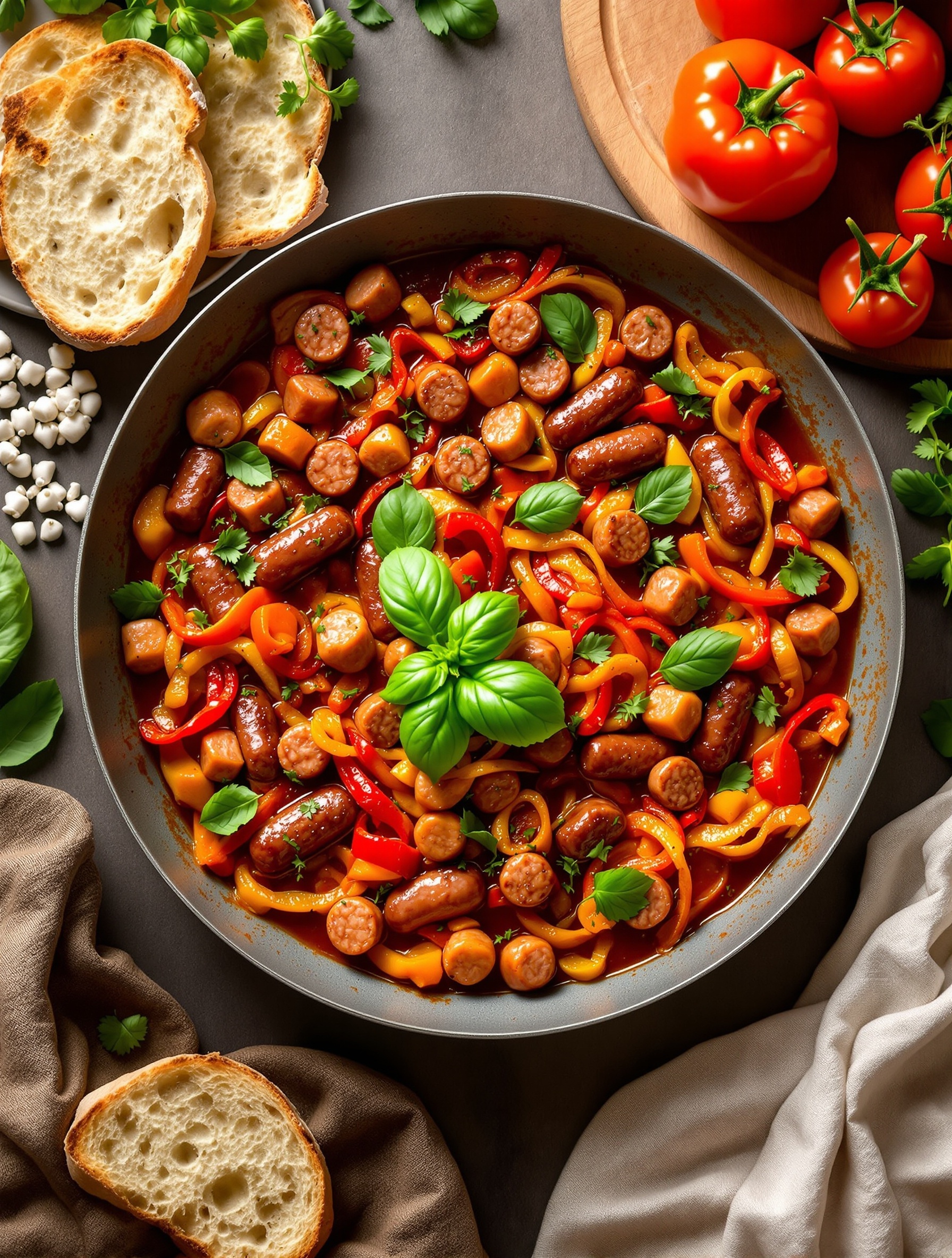 A skillet filled with Italian sausage and colorful bell peppers, garnished with fresh basil and served with crusty bread.