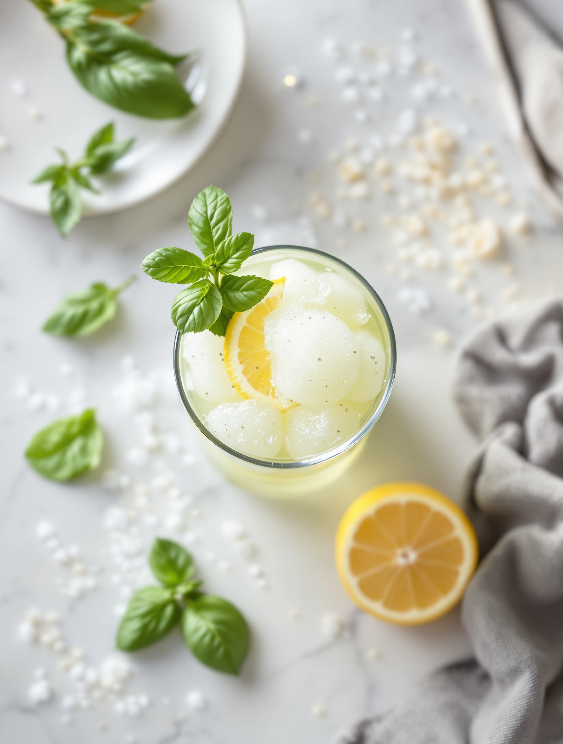 A refreshing glass of Lemon Basil Granita with ice, lemon slices, and basil leaves.