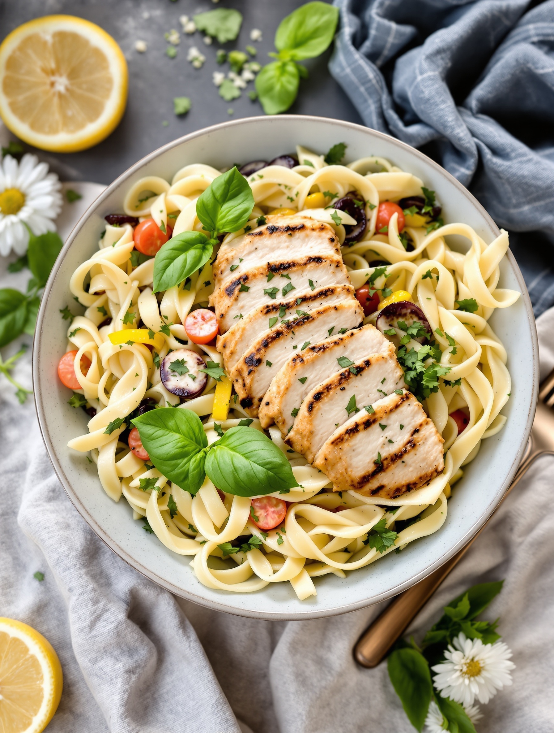 A bowl of Lemon Basil Pasta Salad with Grilled Chicken, garnished with fresh basil and lemon slices.