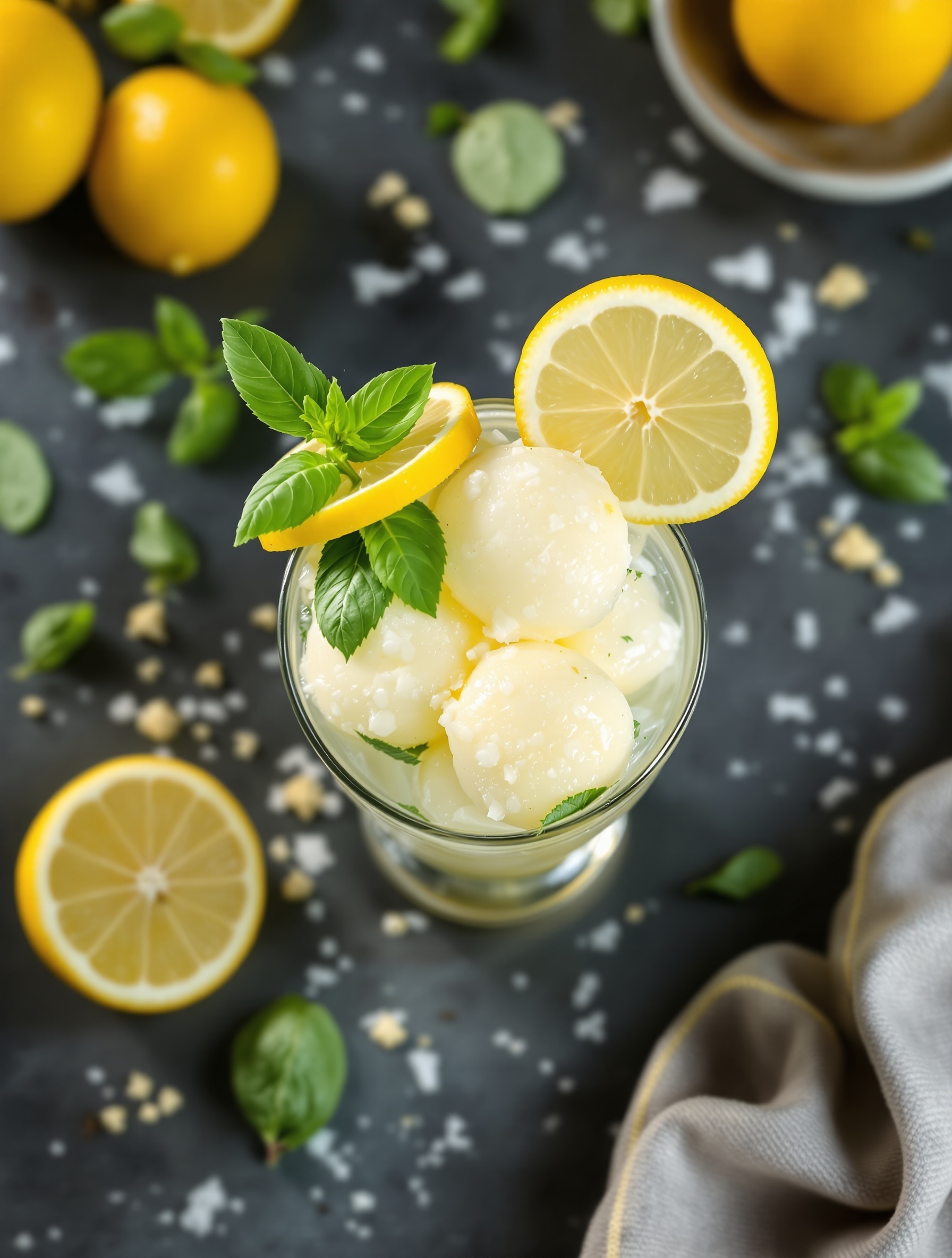 A glass of lemon basil sorbet garnished with lemon slices and fresh basil leaves, surrounded by whole lemons and basil on a dark surface.