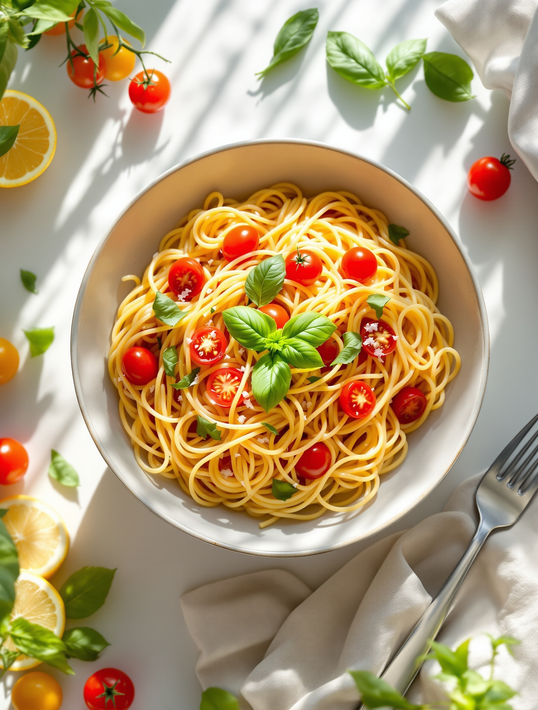 A bowl of Lemon Basil Spaghetti with Cherry Tomatoes garnished with fresh basil leaves, surrounded by cherry tomatoes and lemon slices.