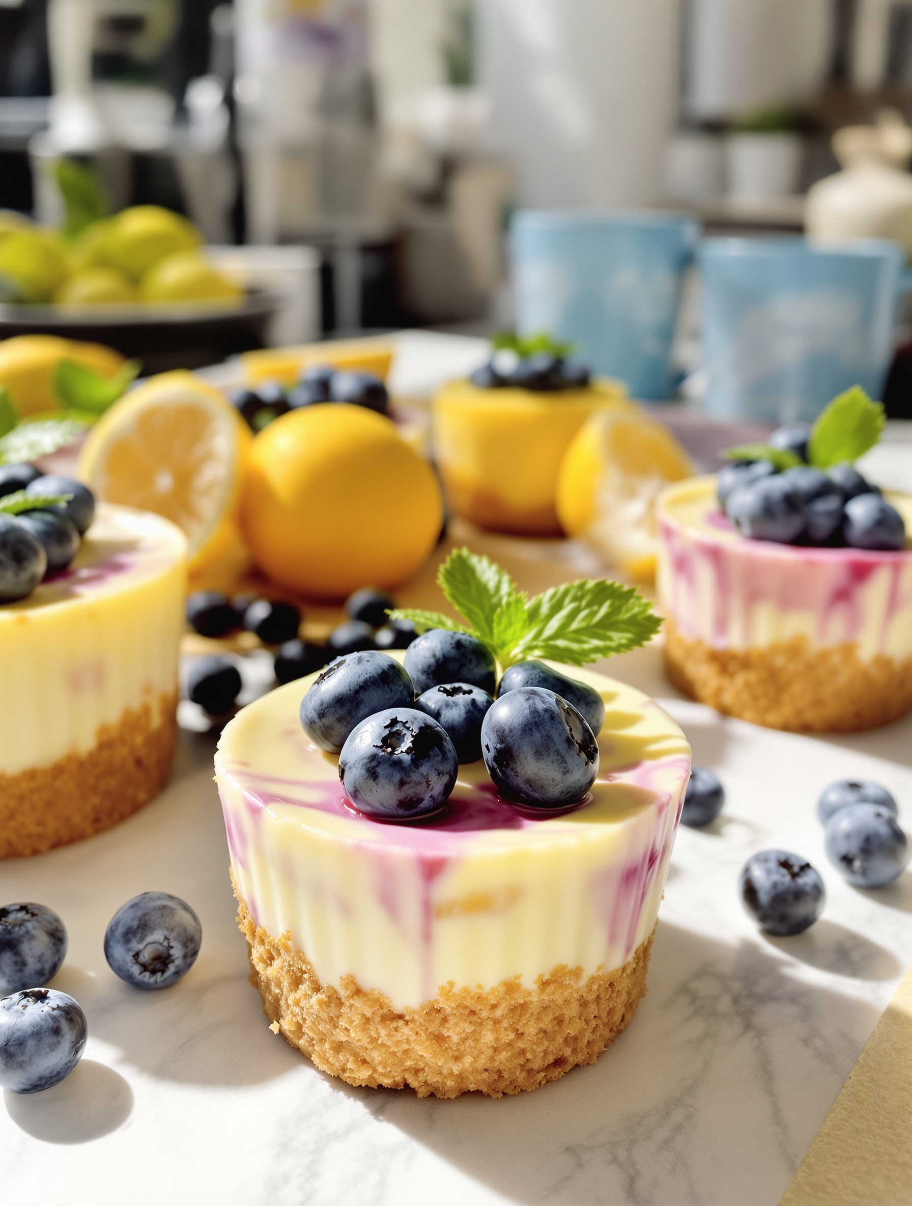 Lemon Blueberry Cheesecake Cups with blueberries and lemons in the background