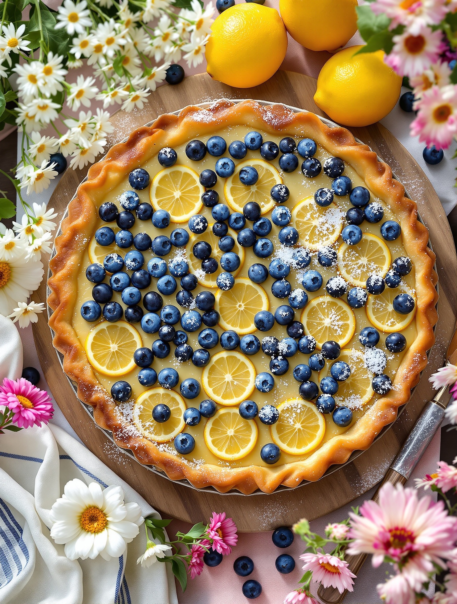 A beautifully arranged Lemon Blueberry Tart topped with fresh blueberries and lemon slices, surrounded by flowers and lemons.
