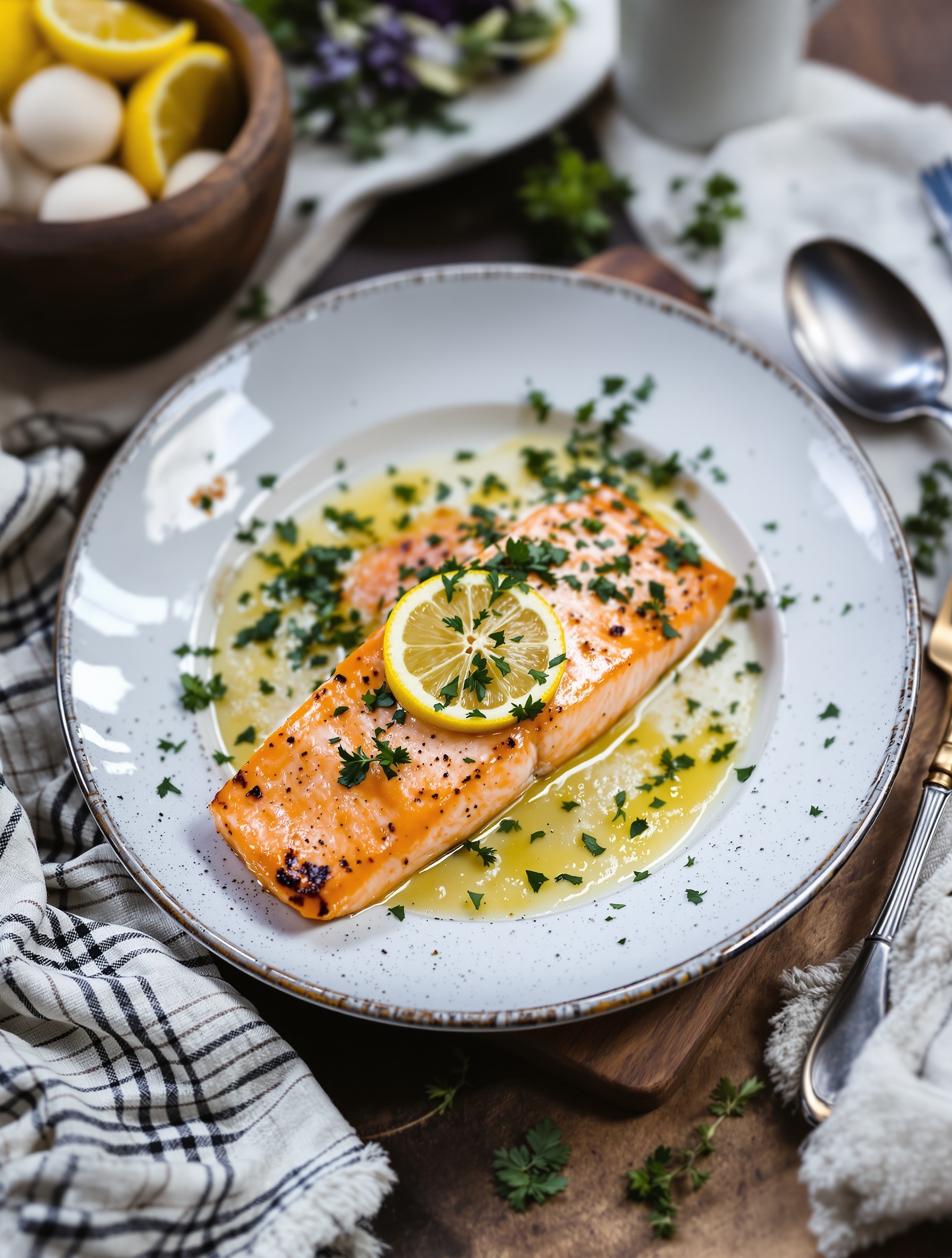 A plate of lemon garlic butter salmon garnished with parsley and lemon slices