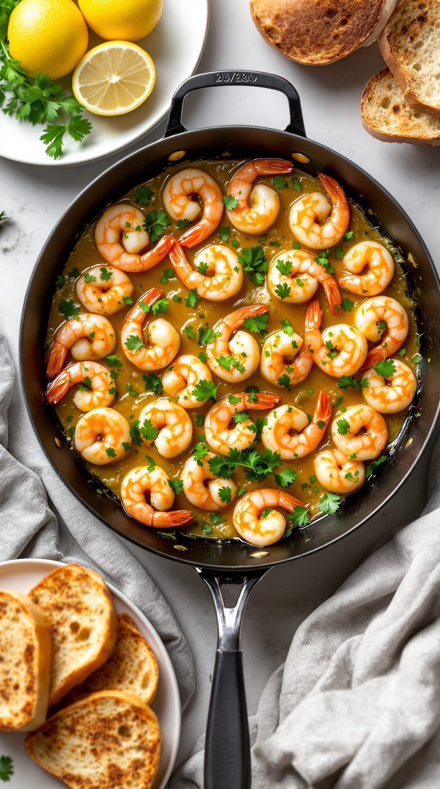 A pan of lemon garlic butter shrimp garnished with cilantro, served with toasted bread and lemons on the side.