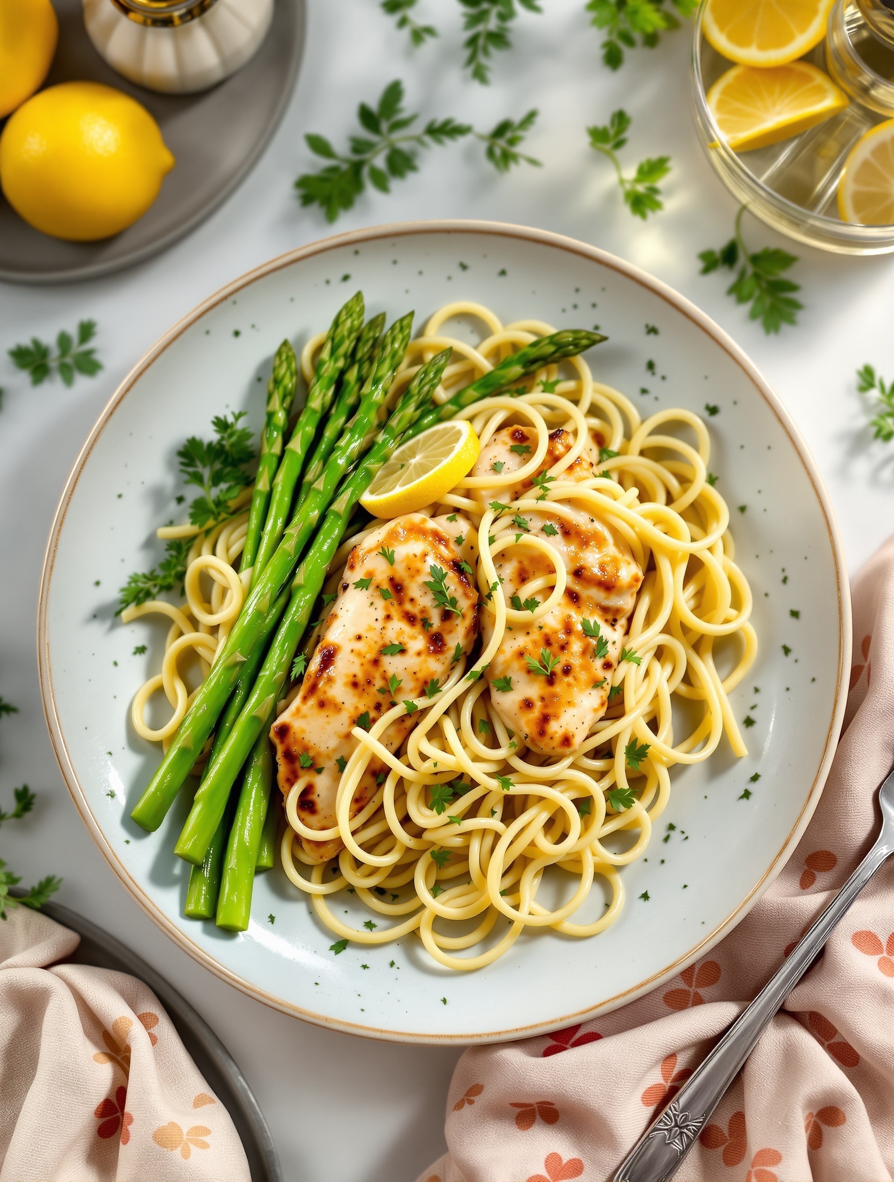 A plate of Lemon Garlic Chicken Pasta with Asparagus, garnished with lemon slices and parsley.
