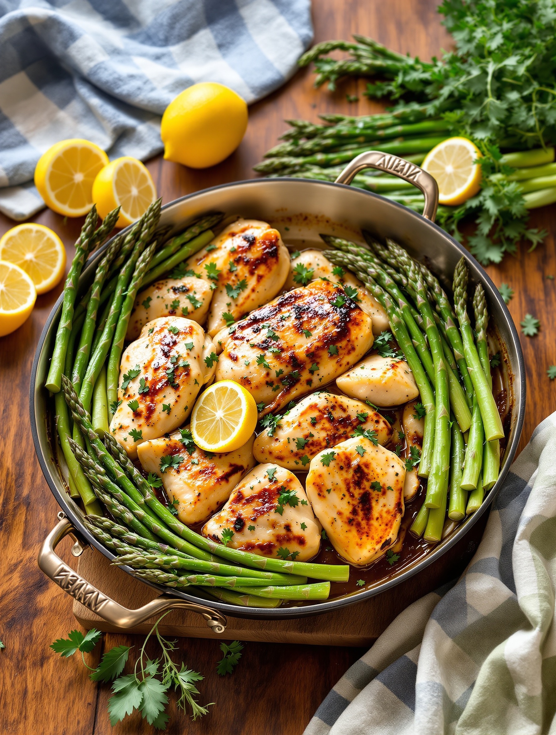 A pan of Lemon Herb Chicken with Asparagus, garnished with lemon slices and fresh herbs.