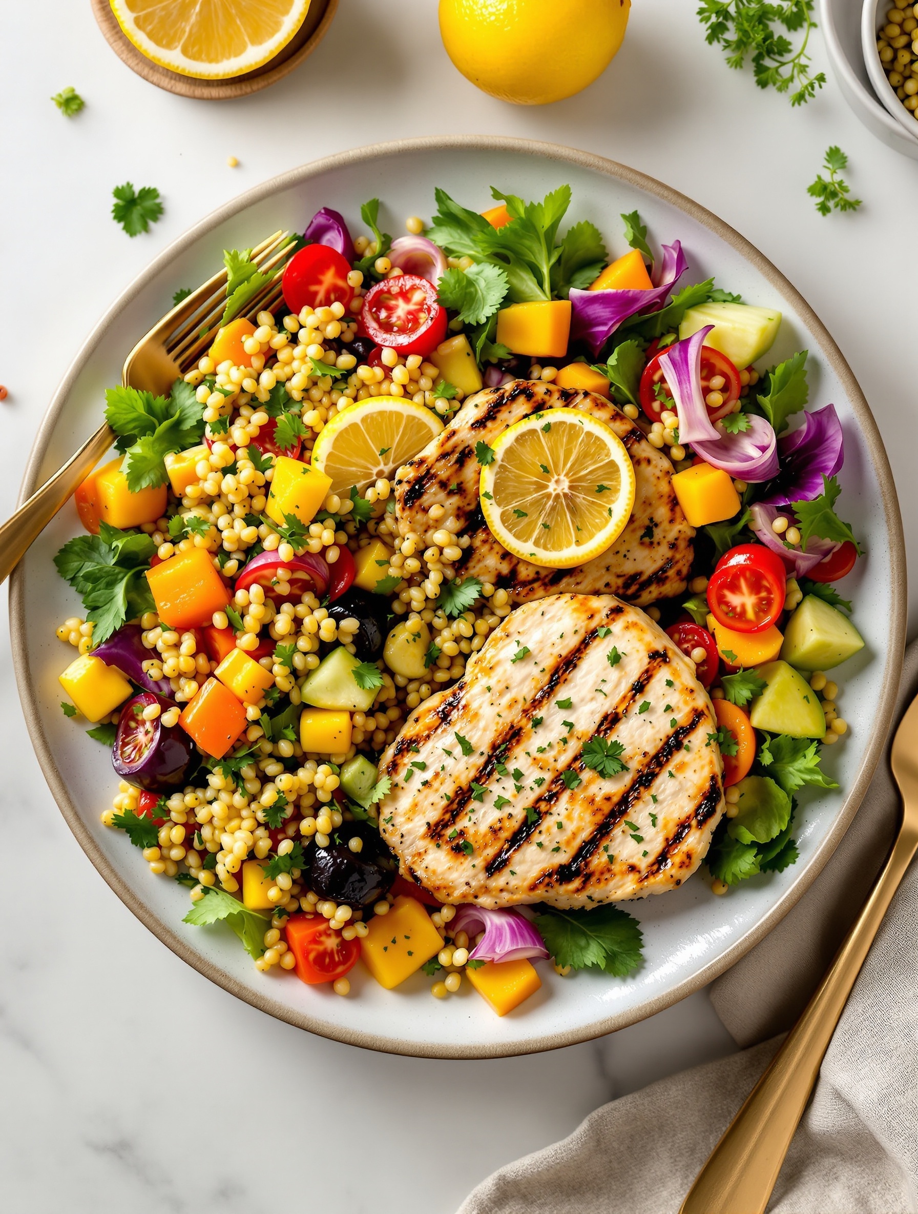 A plate of Lemon Herb Grilled Chicken with a colorful quinoa salad, garnished with lemon slices and fresh herbs.