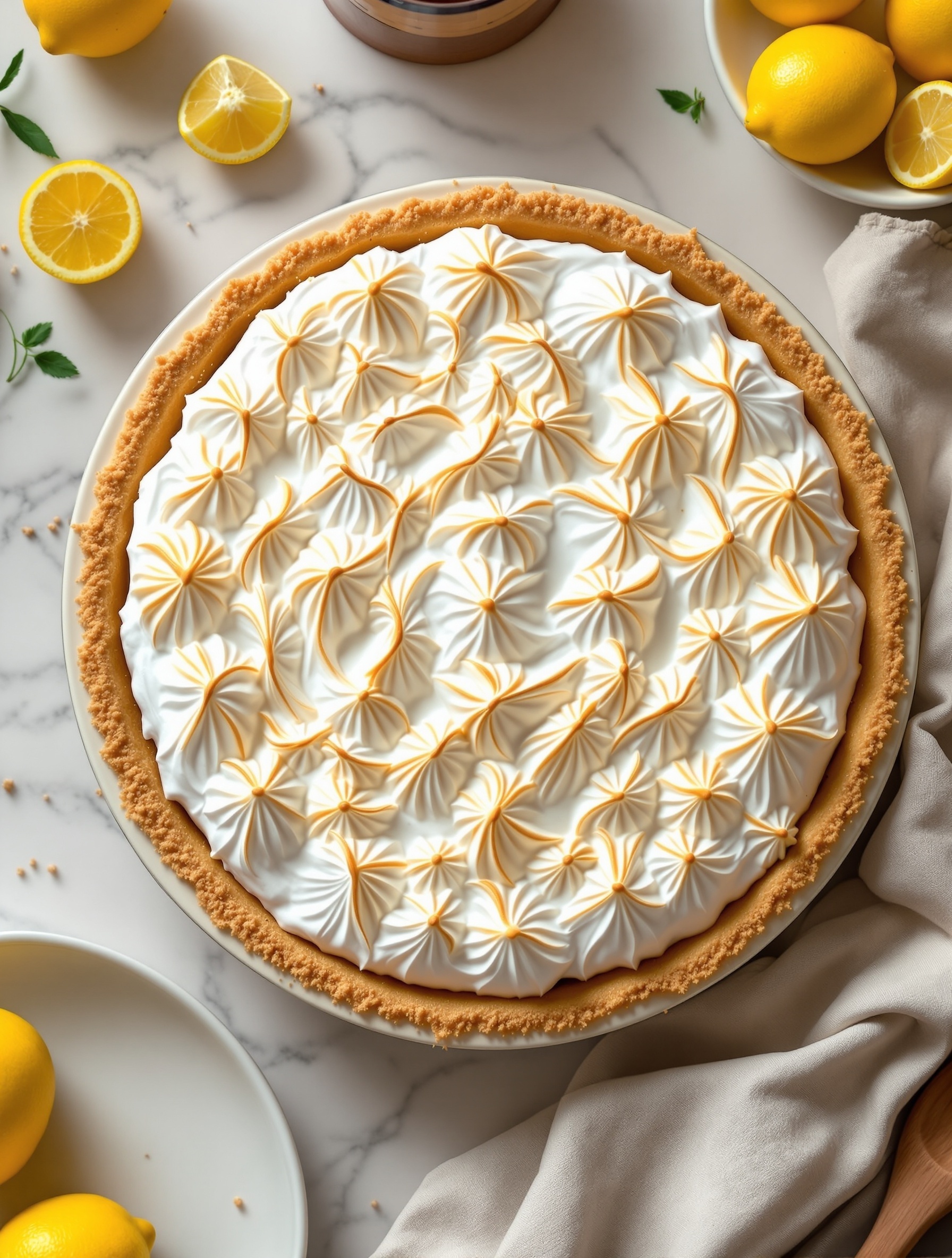 A beautifully decorated lemon meringue pie with a flaky crust, topped with swirled meringue and surrounded by fresh lemons.