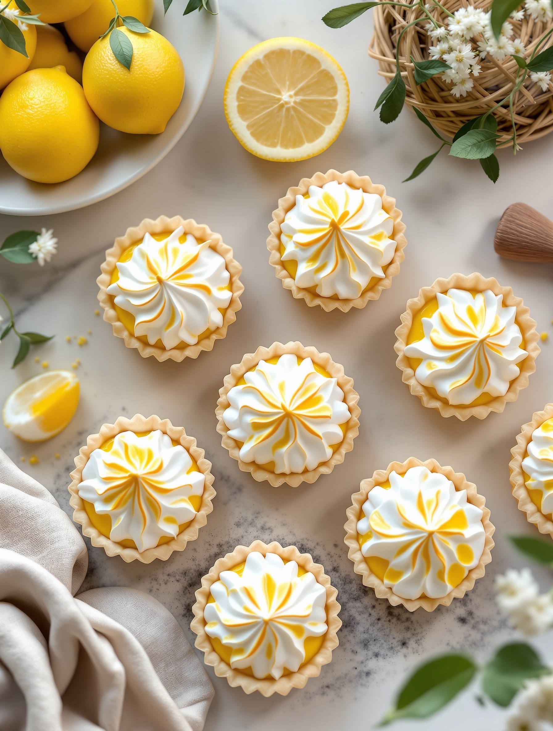 Lemon meringue tartlets arranged on a marble surface with fresh lemons and greenery.