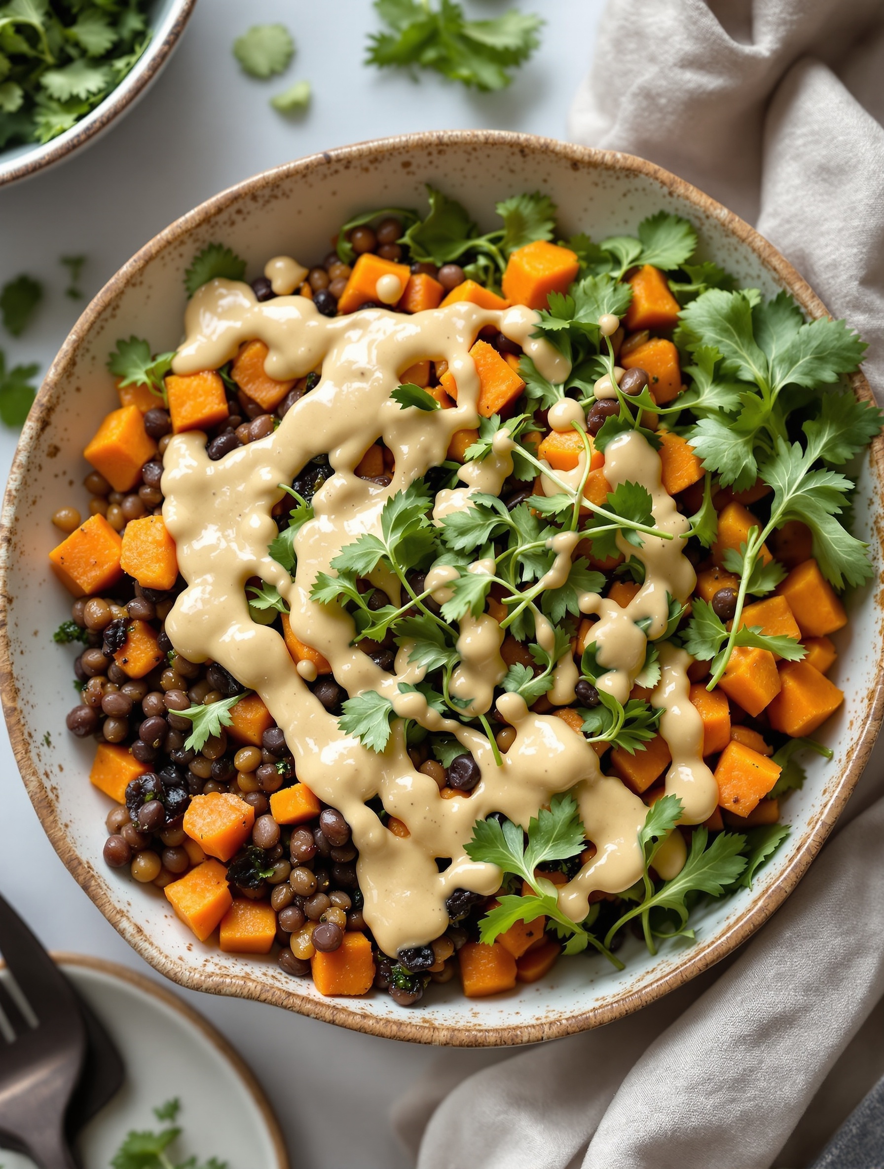 A colorful bowl featuring lentils, diced sweet potatoes, fresh cilantro, and a creamy sauce.