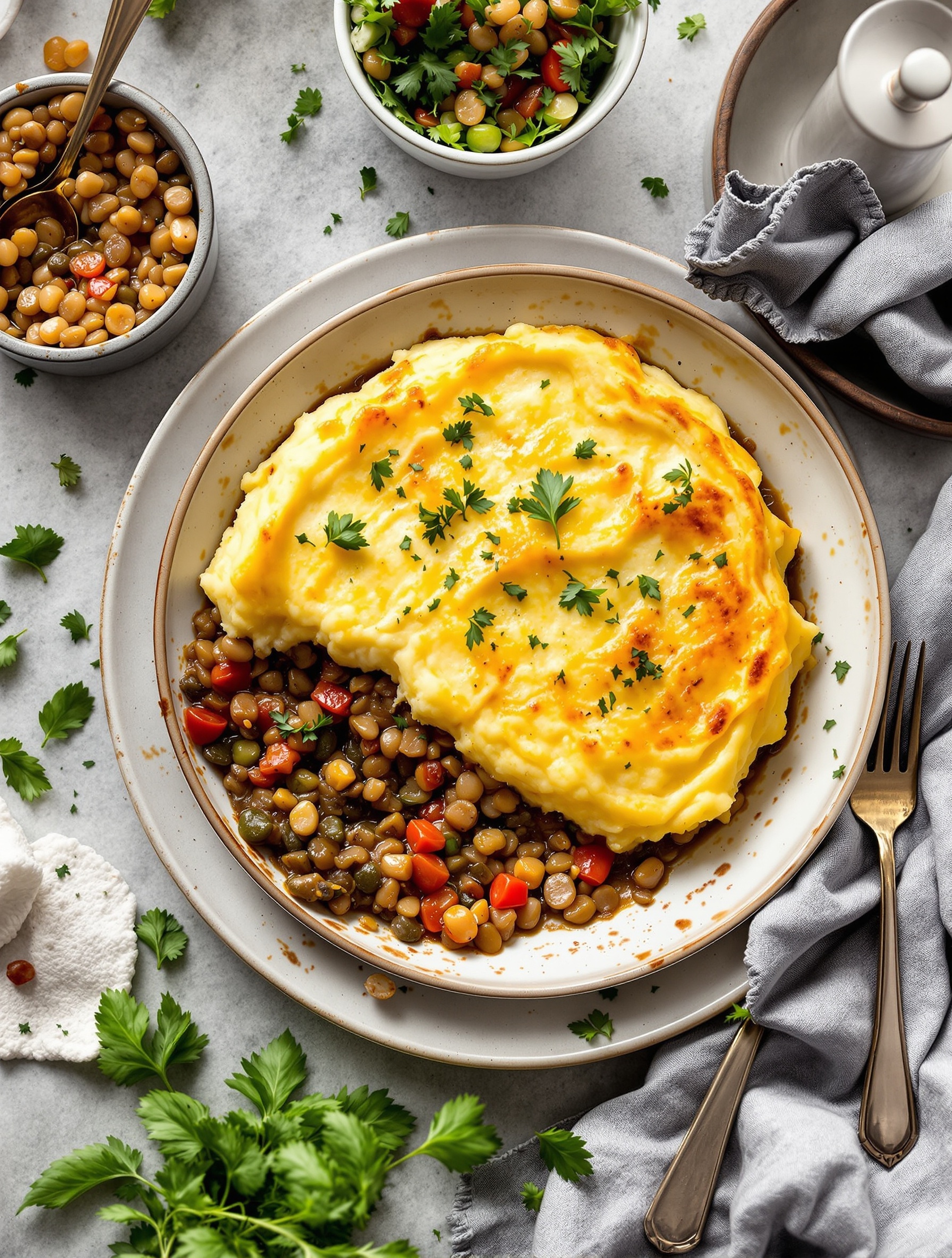 A delicious lentil and vegetable shepherd's pie with a creamy mashed potato topping, served with a side of fresh salad.