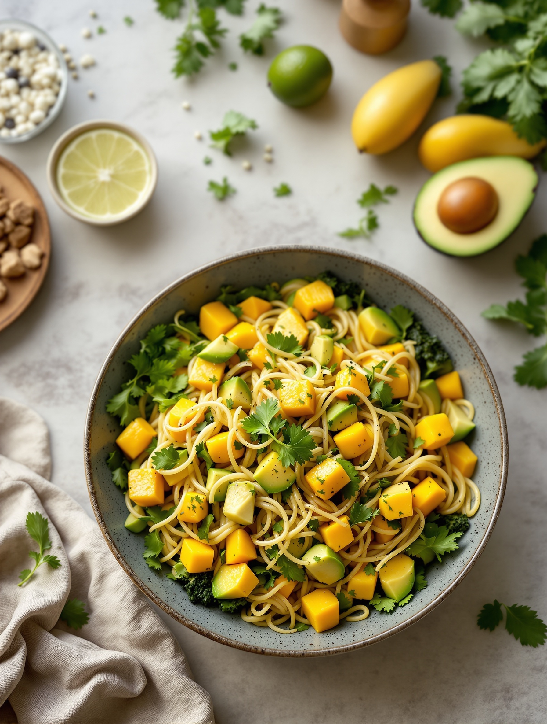 A colorful bowl of mango and avocado stir fry with noodles, garnished with cilantro.
