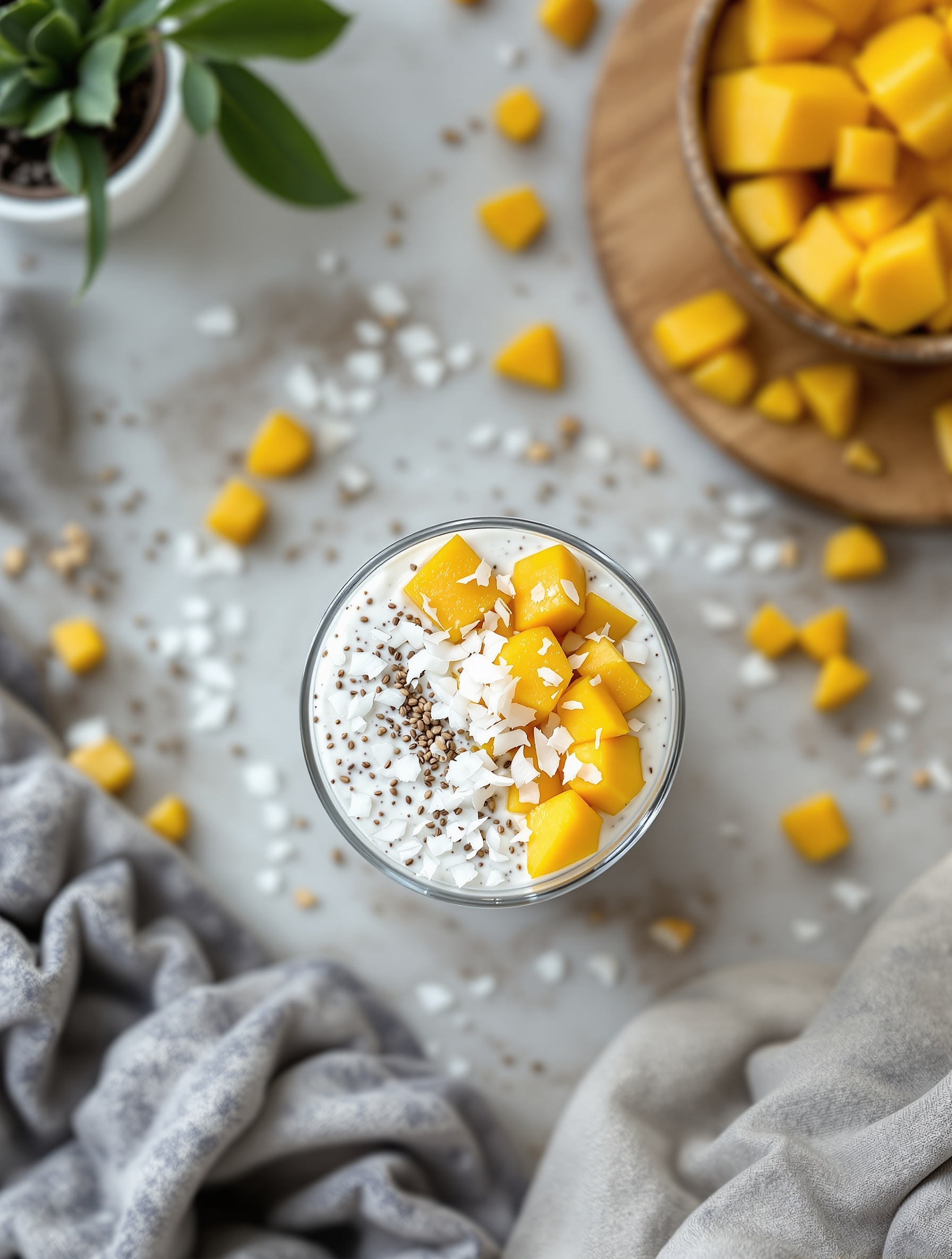 A glass of mango coconut chia pudding topped with fresh mango and coconut flakes, surrounded by mango pieces and a plant.
